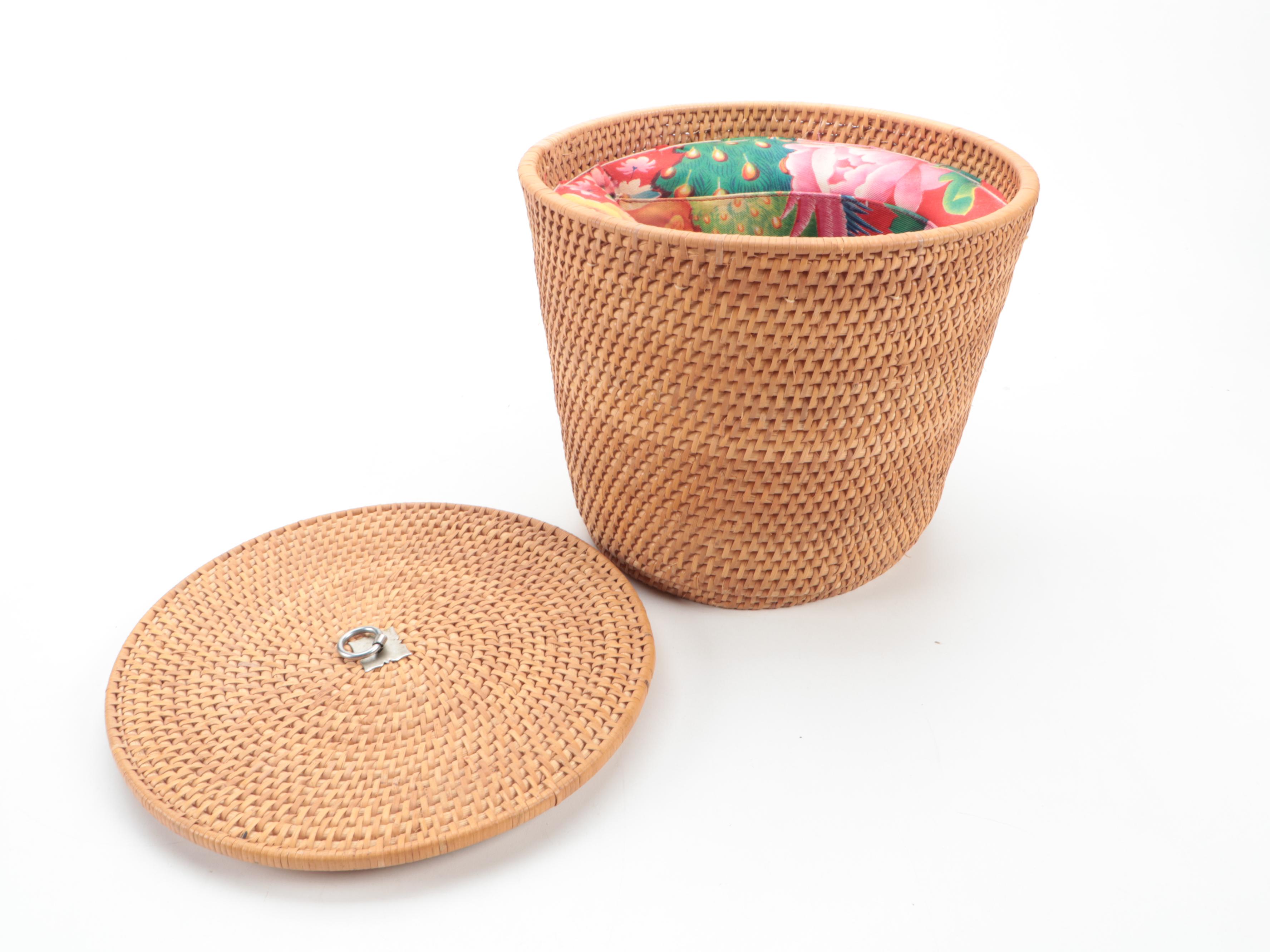 Chinese Export Style Porcelain Rose Canton Teapot in Basket