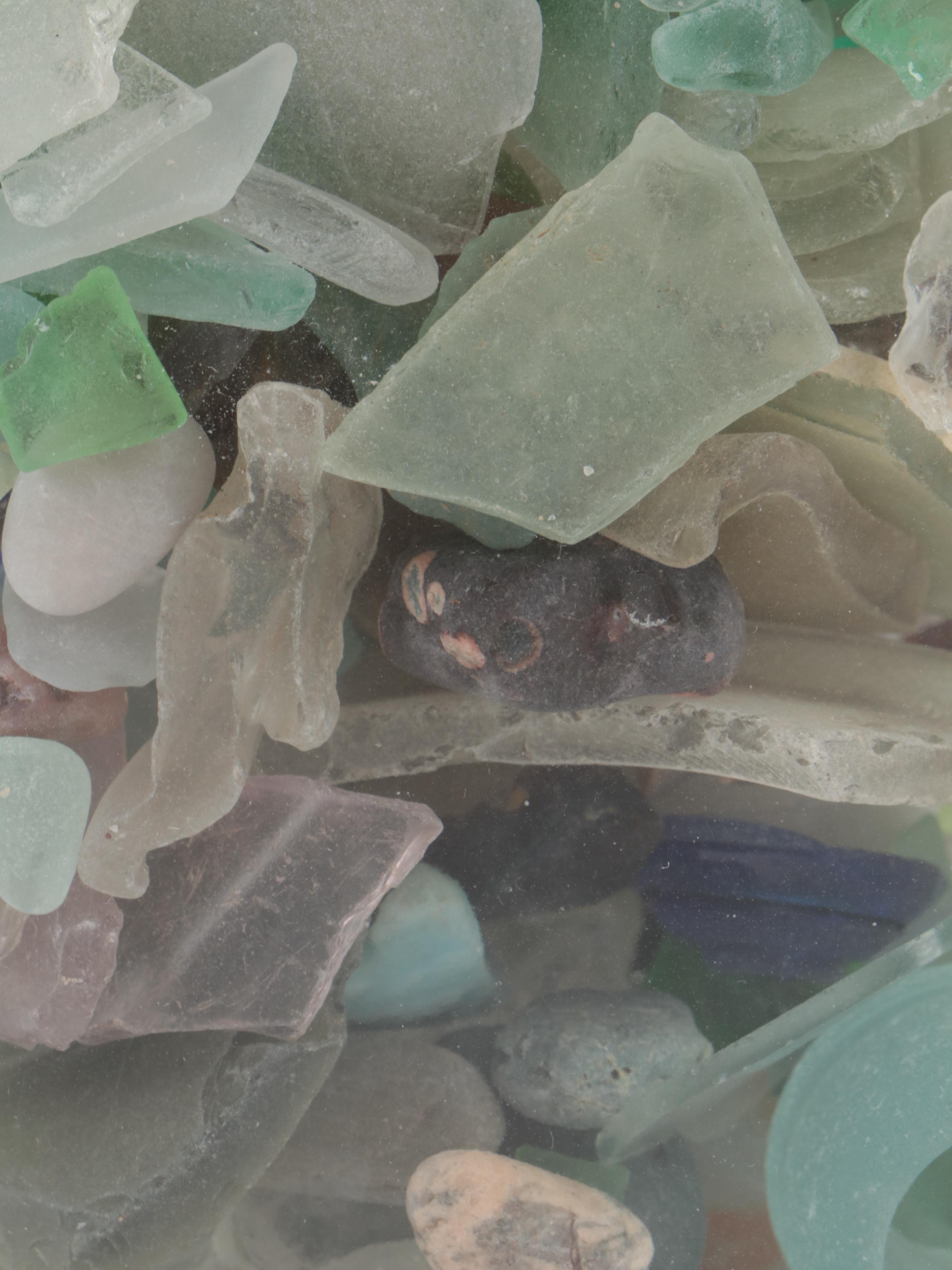 Patinated Bowl Lamp Filled With Sea Glass and Canister of Sea Glass