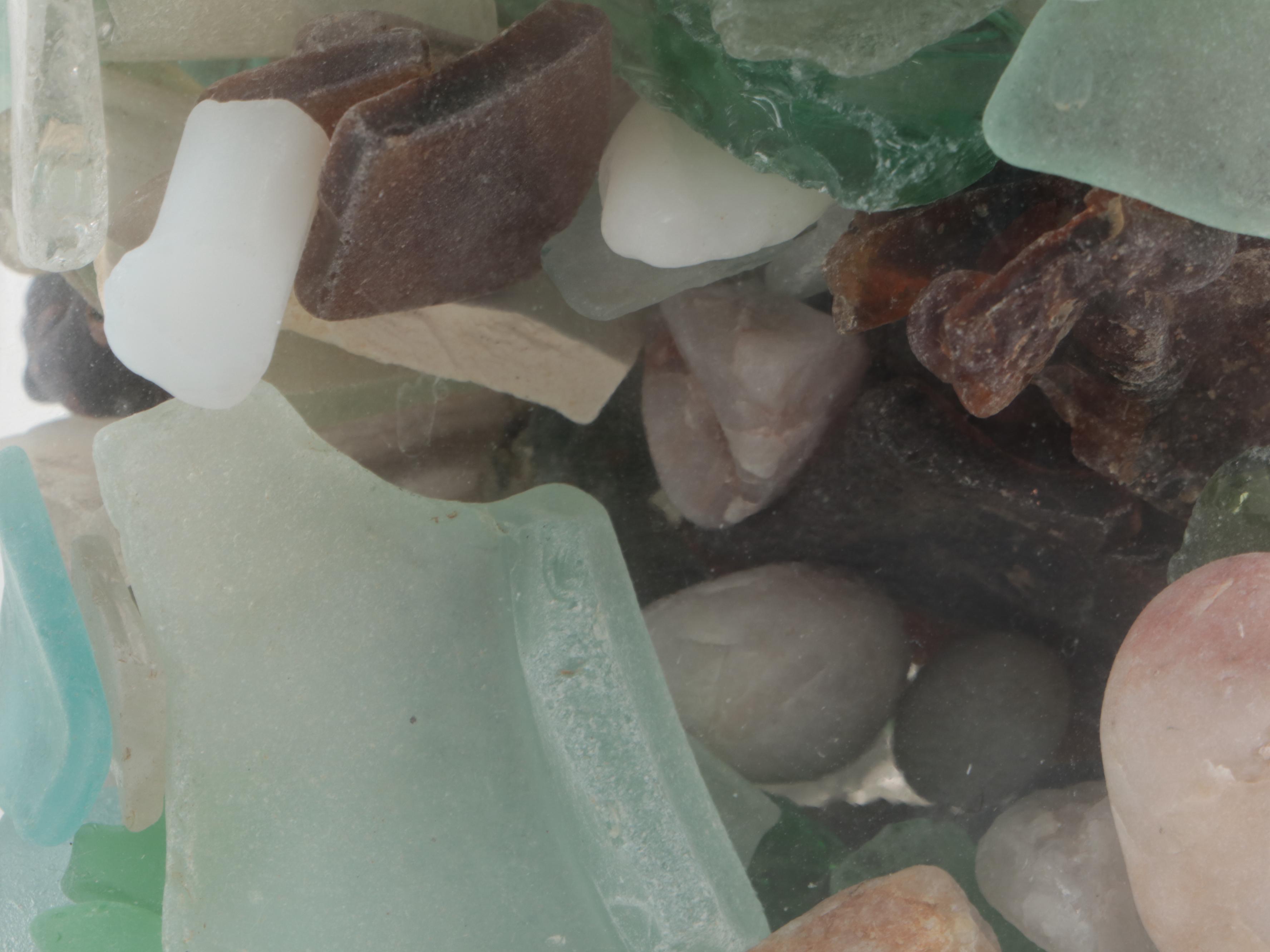 Patinated Bowl Lamp Filled With Sea Glass and Canister of Sea Glass