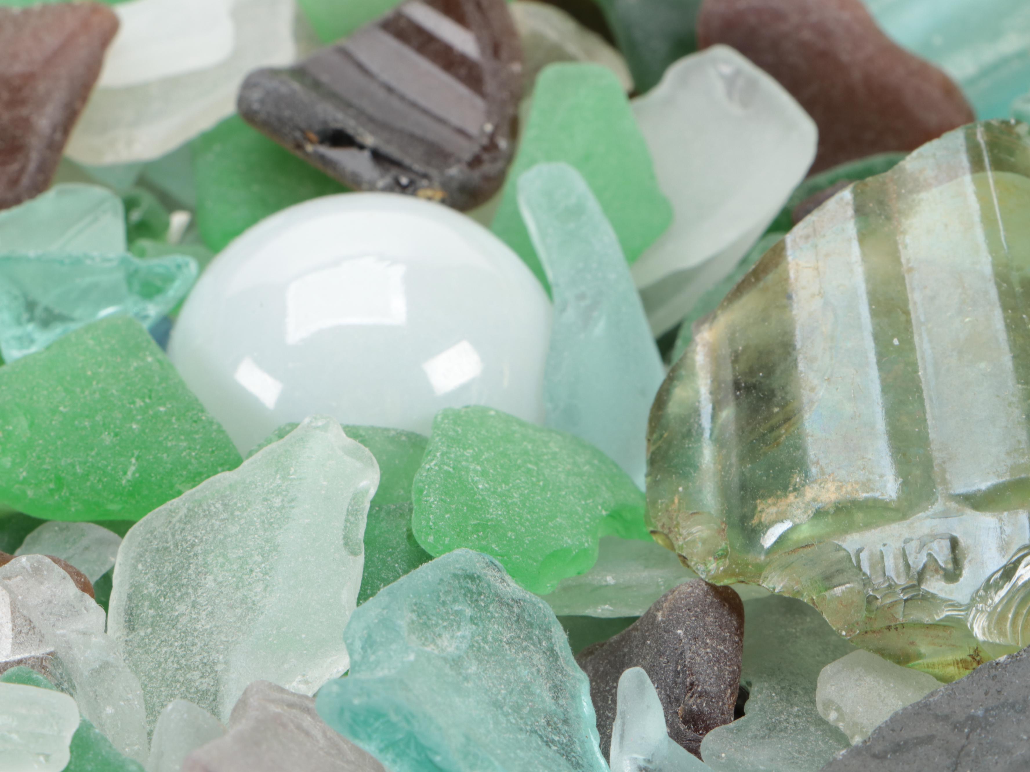 Patinated Bowl Lamp Filled With Sea Glass and Canister of Sea Glass