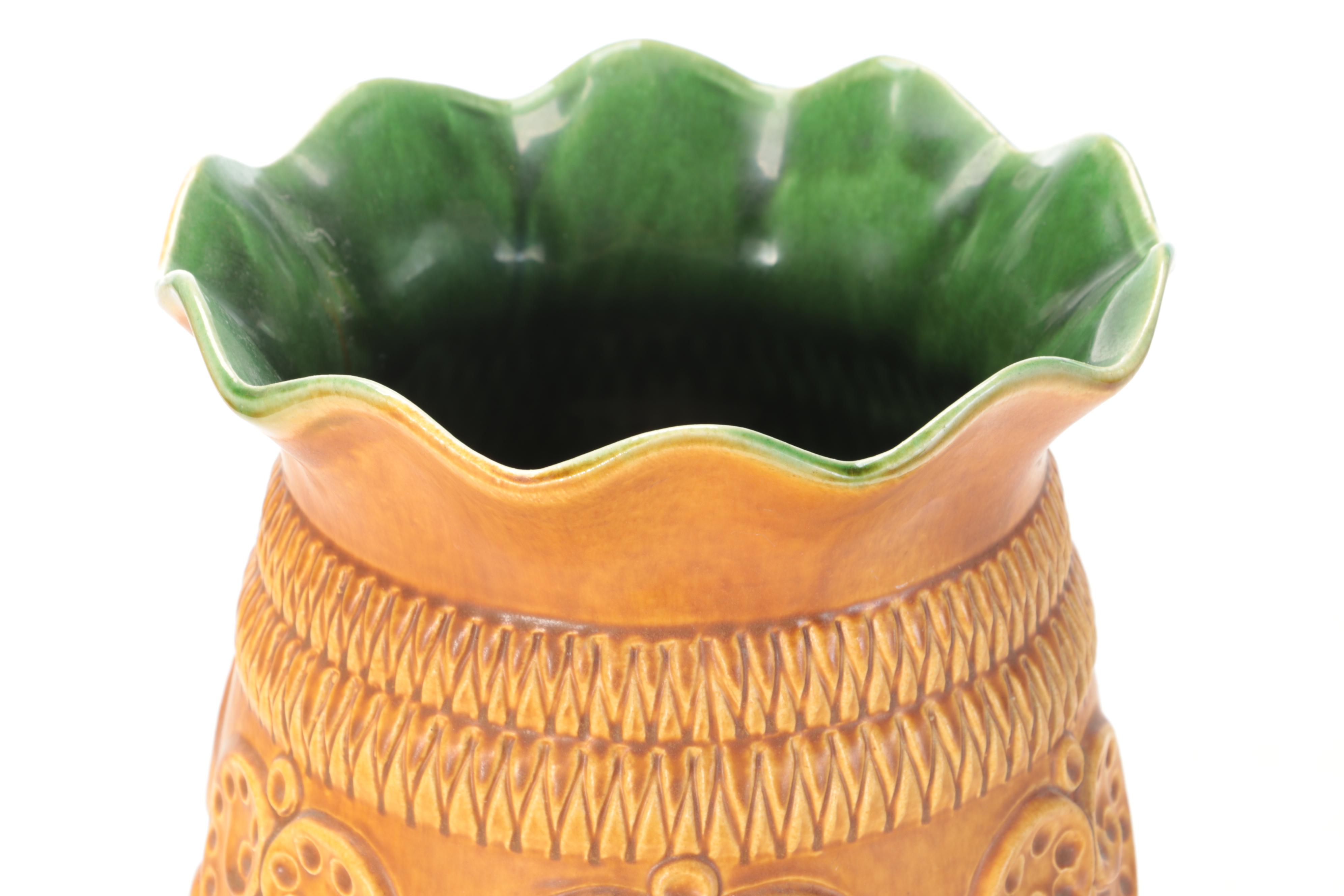 Bay Keramik West German Incised Glazed Ceramic Floor Vase, Mid-20th Century