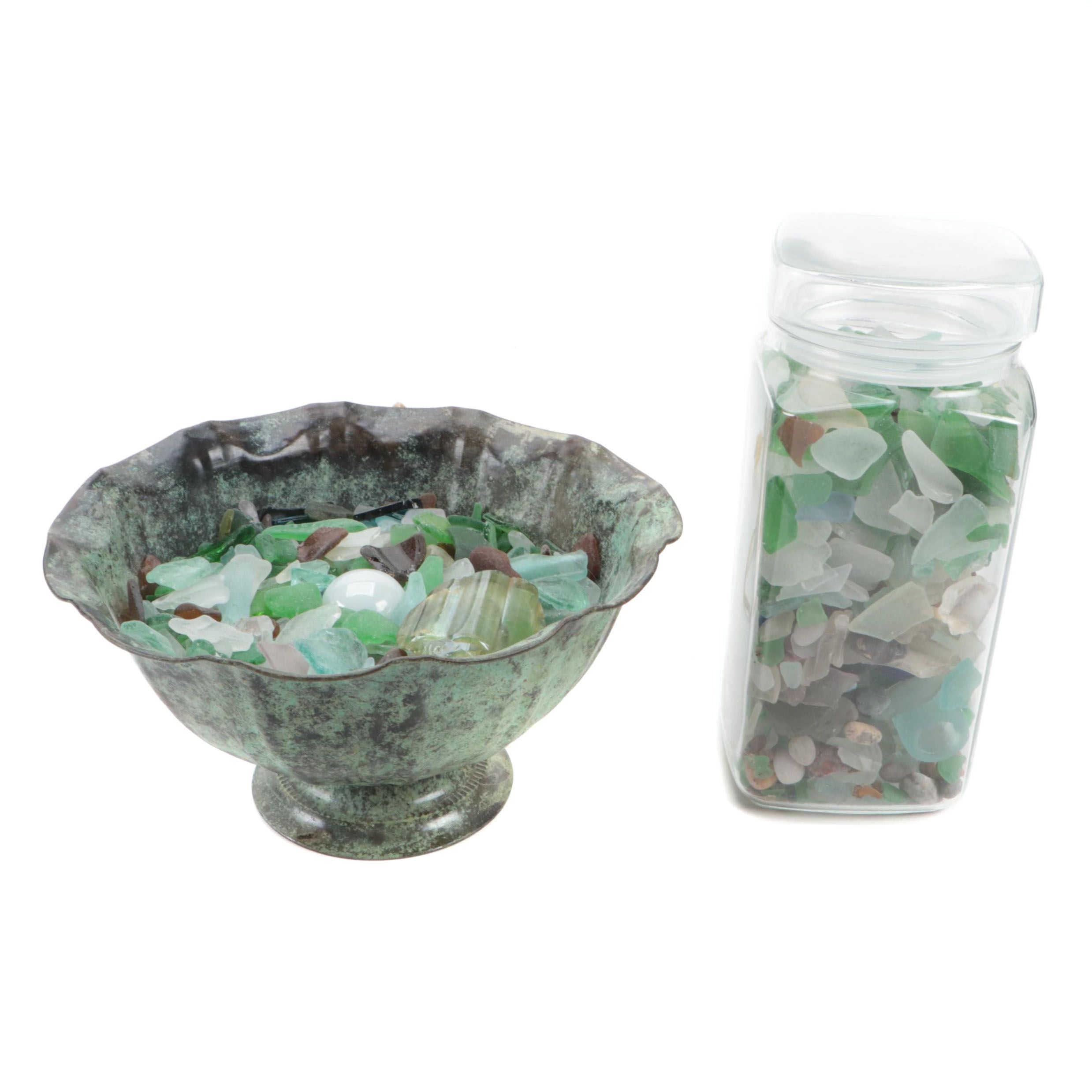 Patinated Bowl Lamp Filled With Sea Glass and Canister of Sea Glass