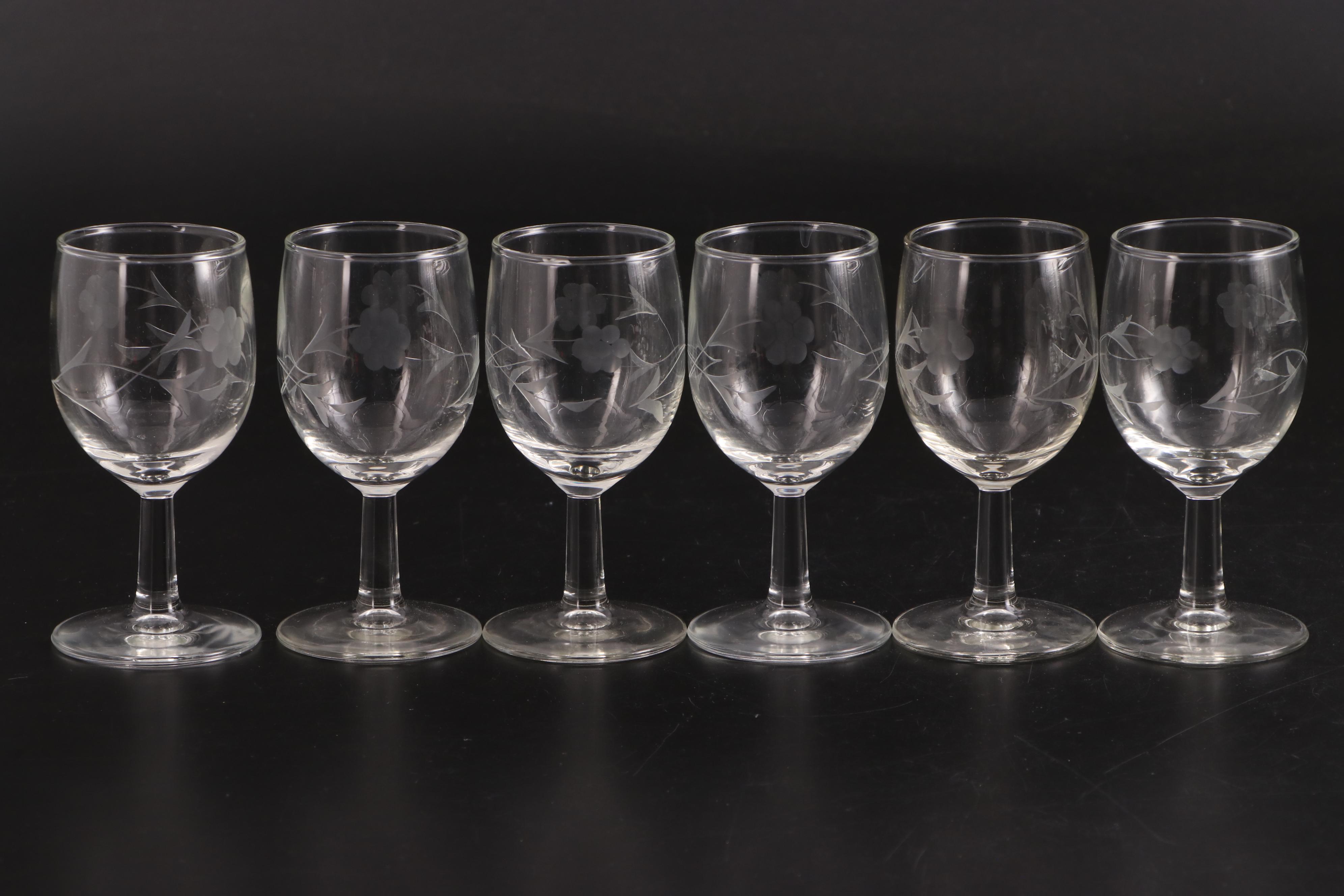 Wheel-Cut Glass Wine Glasses and Stemware Mid to Late 20th Century