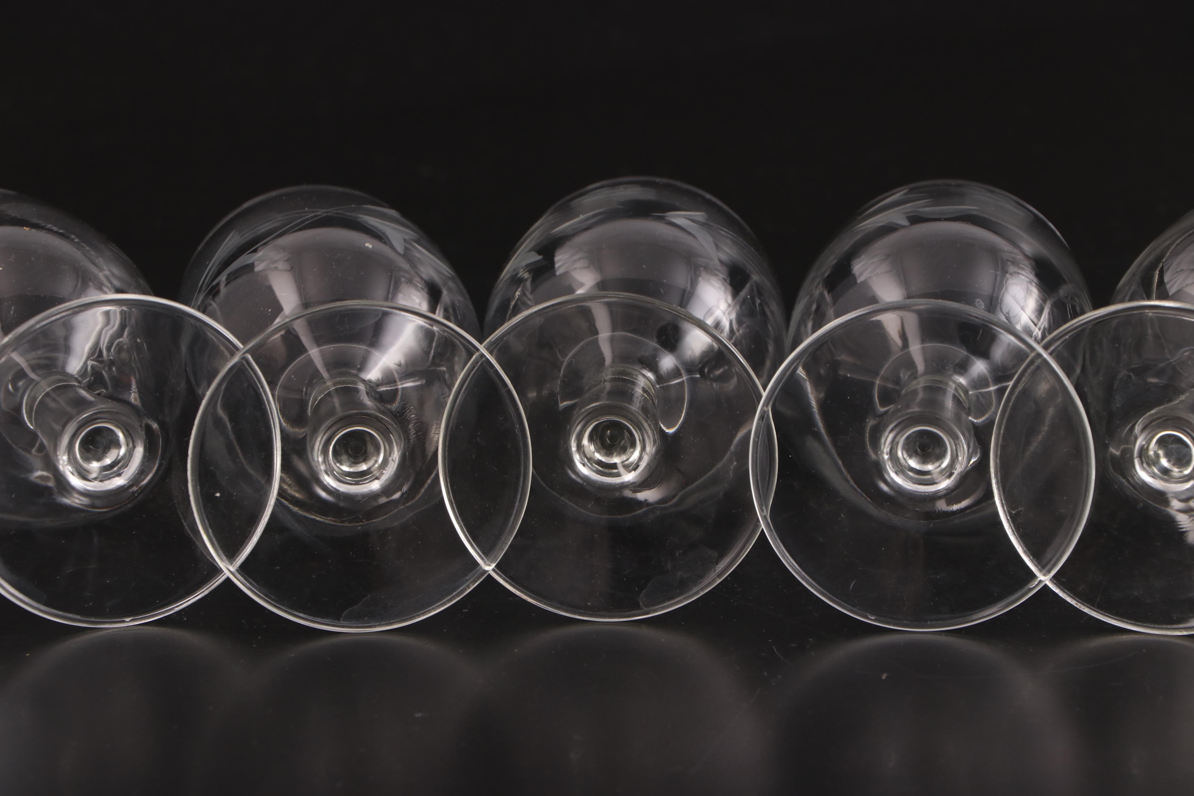 Wheel-Cut Glass Wine Glasses and Stemware Mid to Late 20th Century