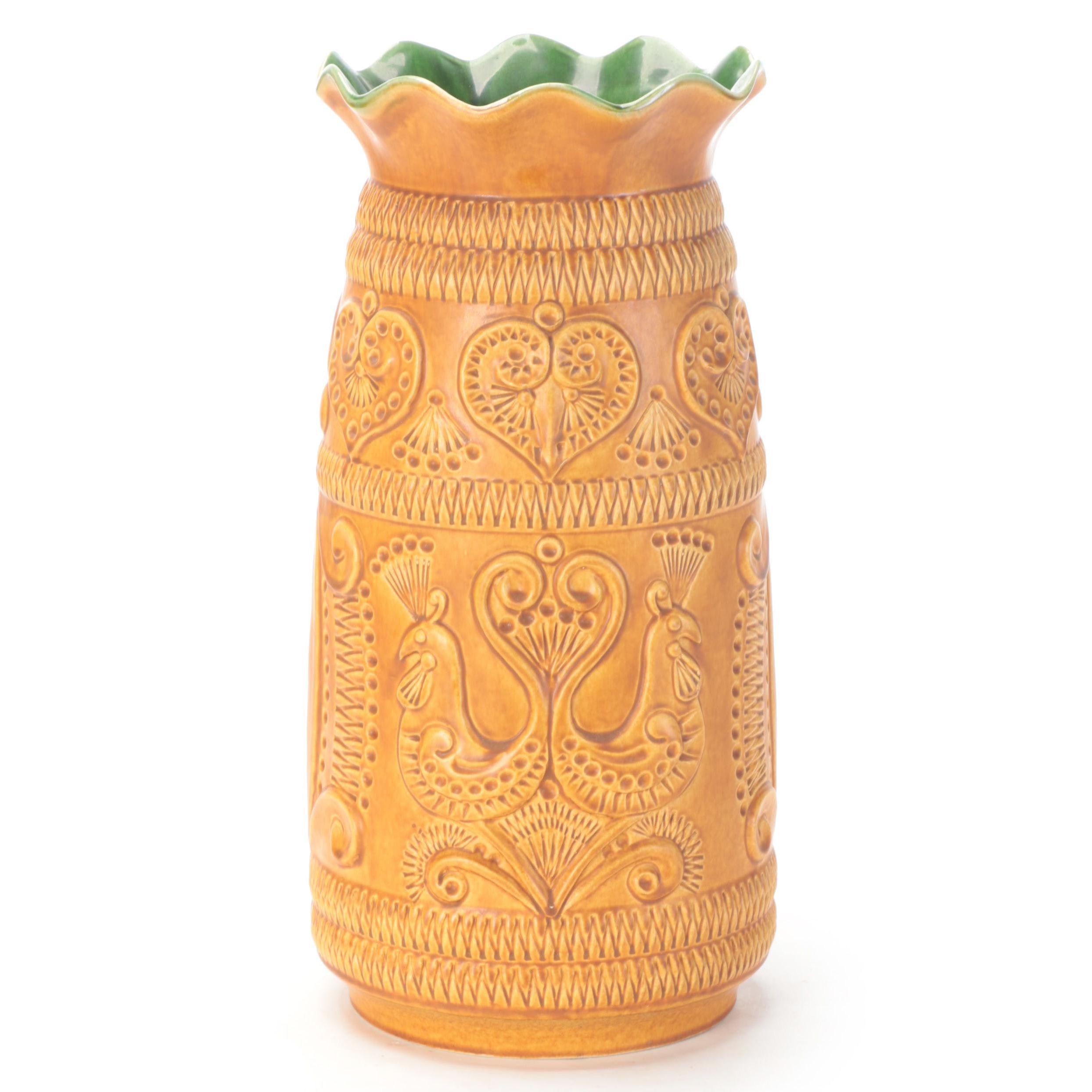 Bay Keramik West German Incised Glazed Ceramic Floor Vase, Mid-20th Century