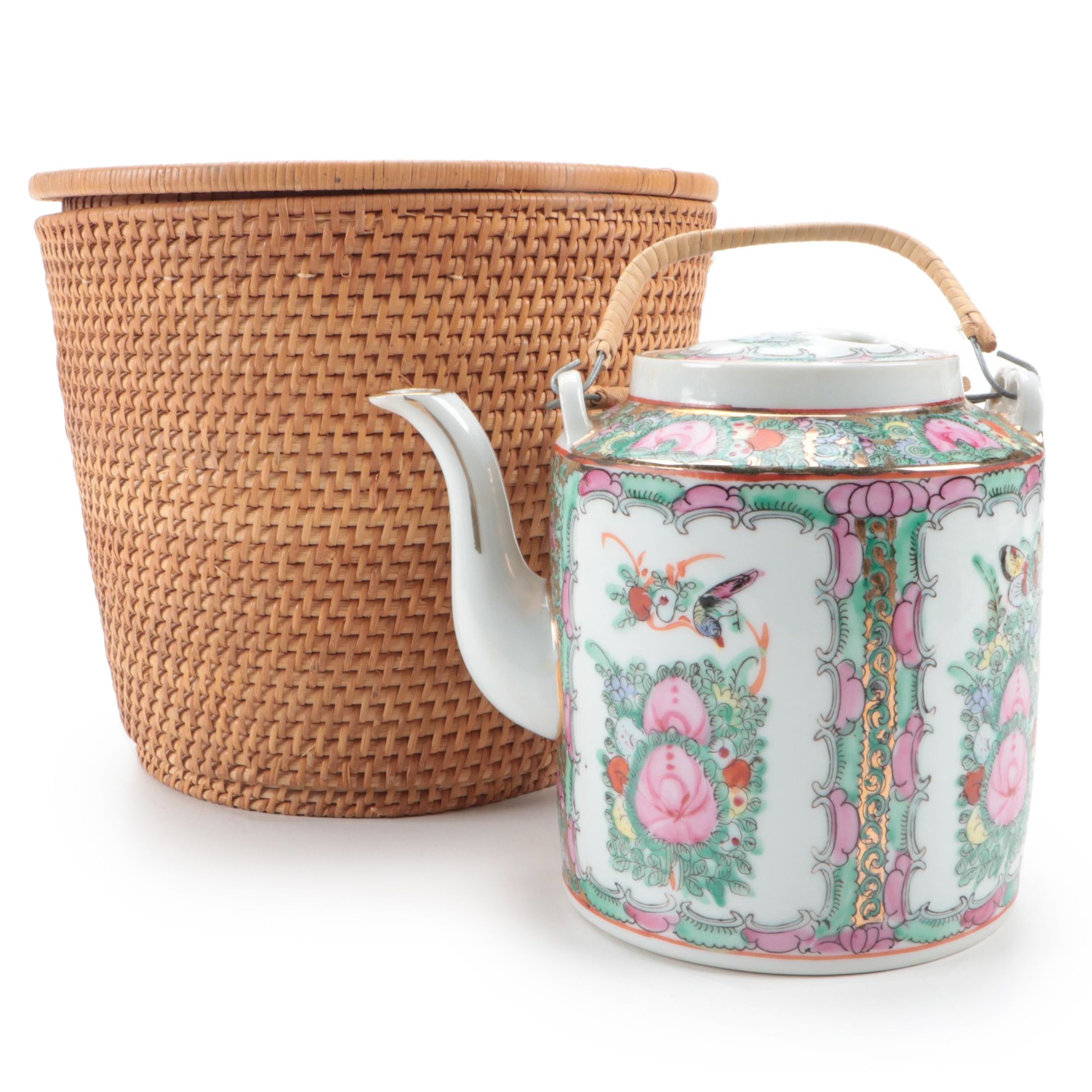 Chinese Export Style Porcelain Rose Canton Teapot in Basket