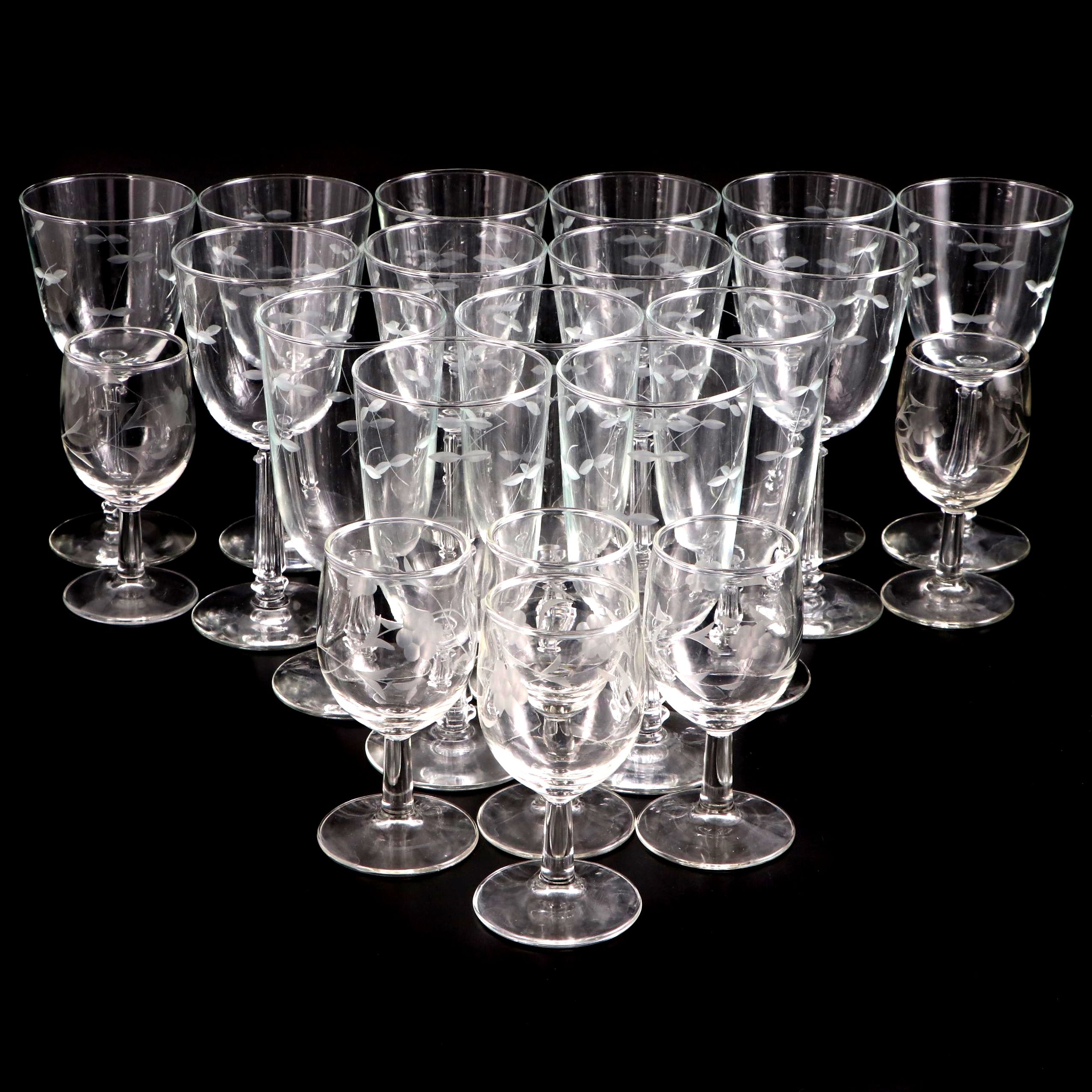 Wheel-Cut Glass Wine Glasses and Stemware Mid to Late 20th Century