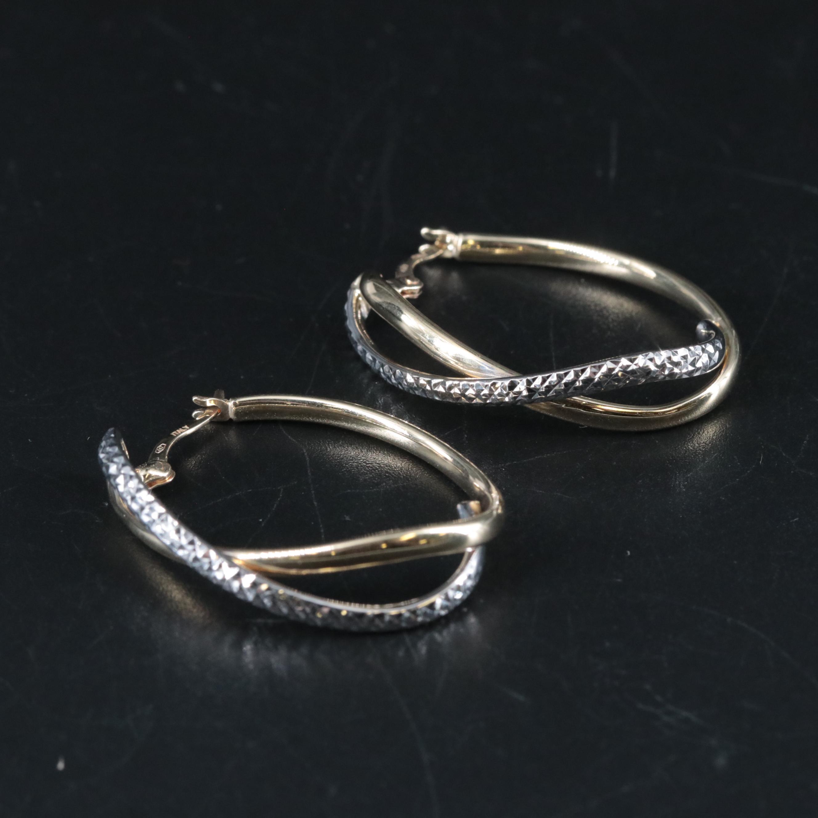 10K Two-Toned Diamond Cut Textured Hoop Earrings