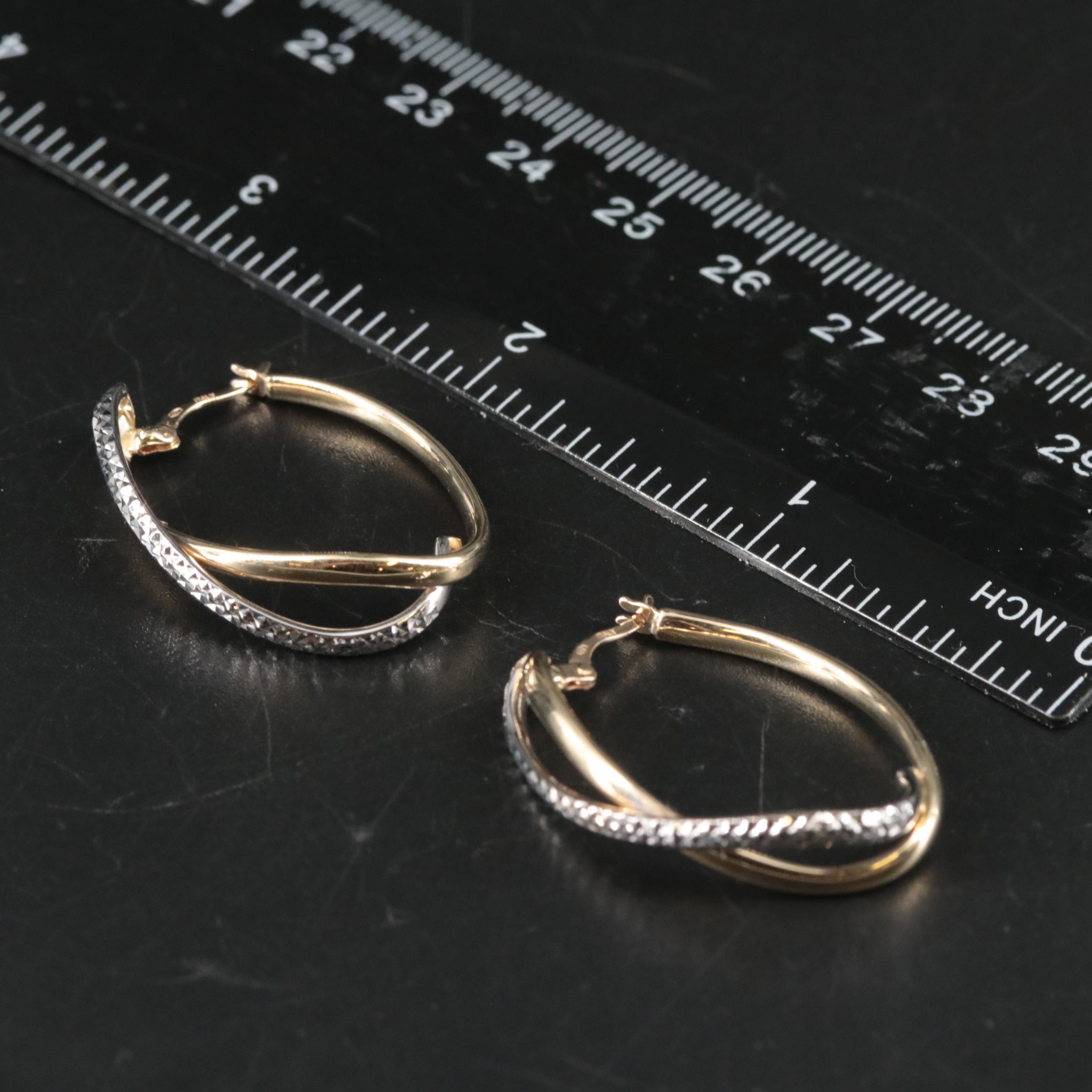 10K Two-Toned Diamond Cut Textured Hoop Earrings