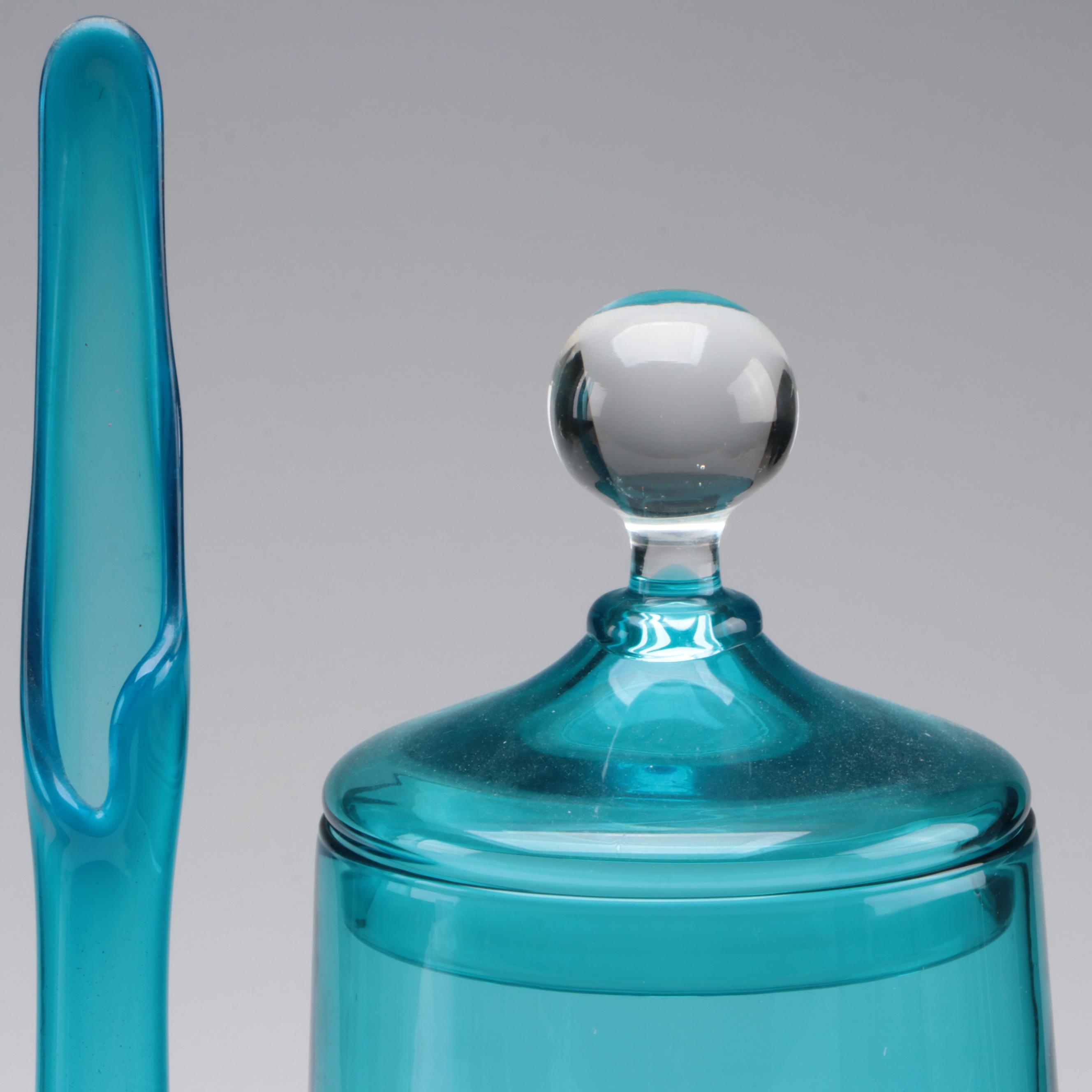 Mid Century Modern Turquoise Swung Glass Vases and Lidded Jar
