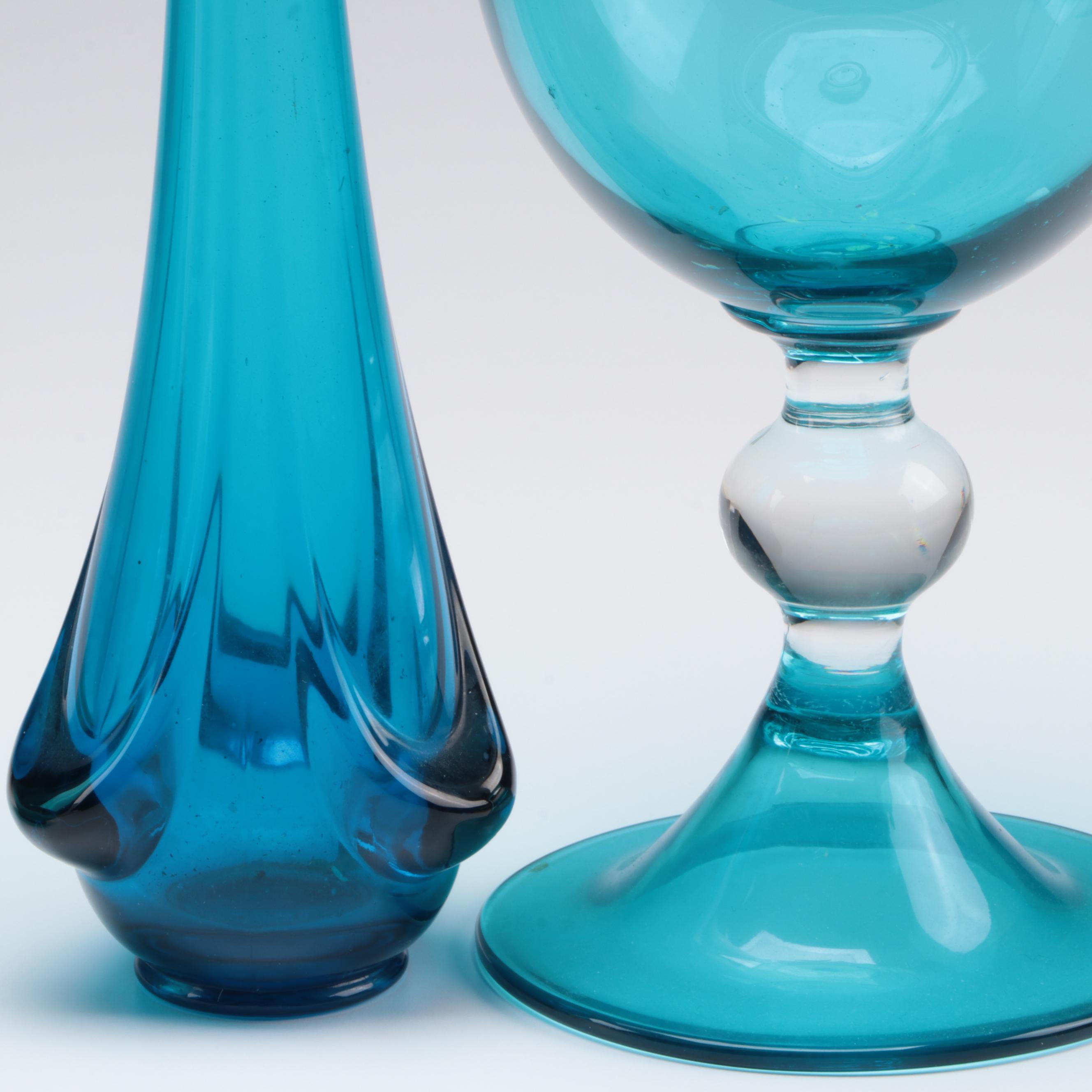 Mid Century Modern Turquoise Swung Glass Vases and Lidded Jar