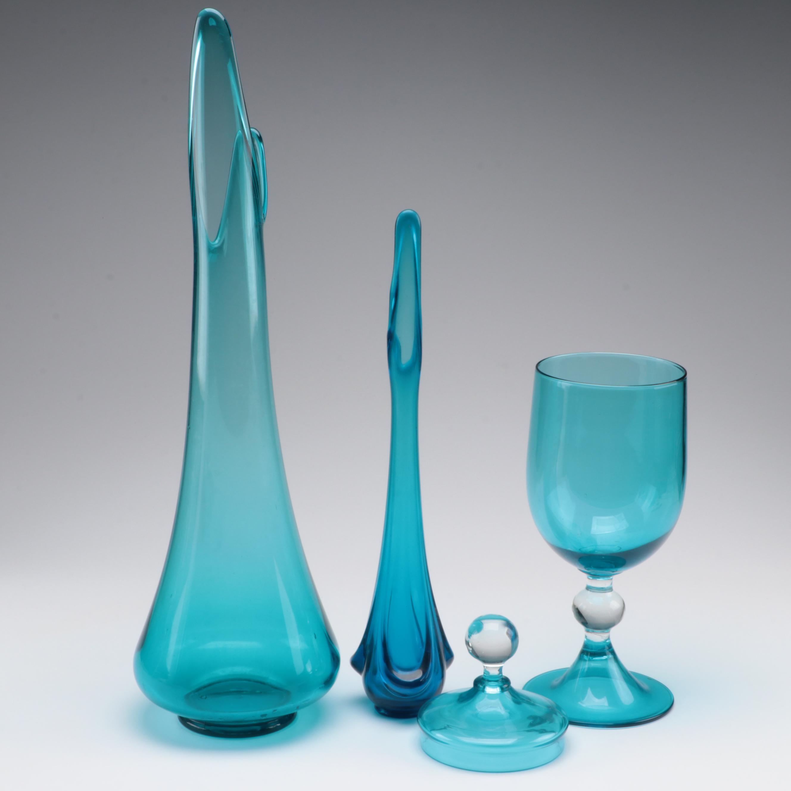 Mid Century Modern Turquoise Swung Glass Vases and Lidded Jar
