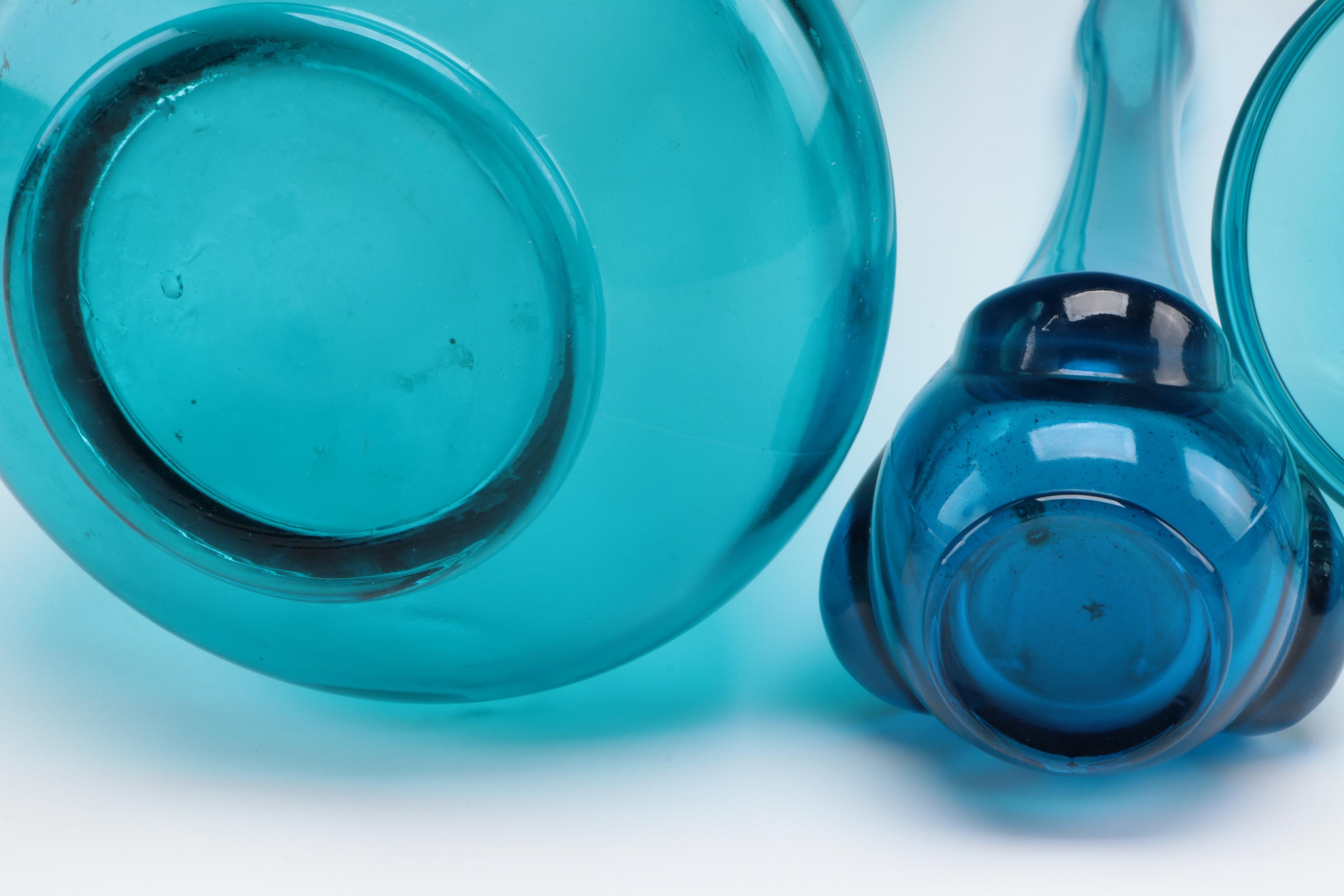 Mid Century Modern Turquoise Swung Glass Vases and Lidded Jar