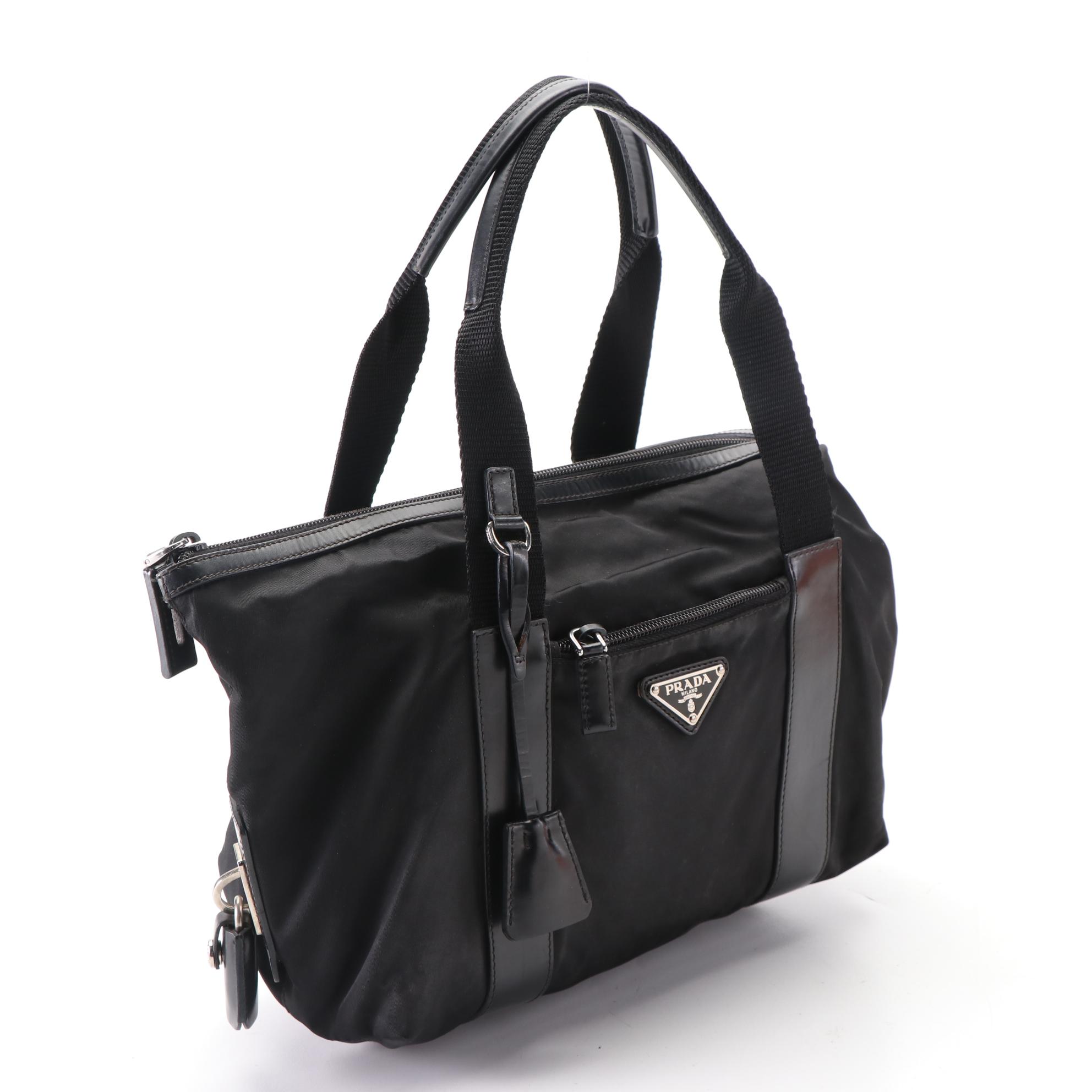 Prada Small Zip Tote in Black Nylon Gabardine with Leather Trim