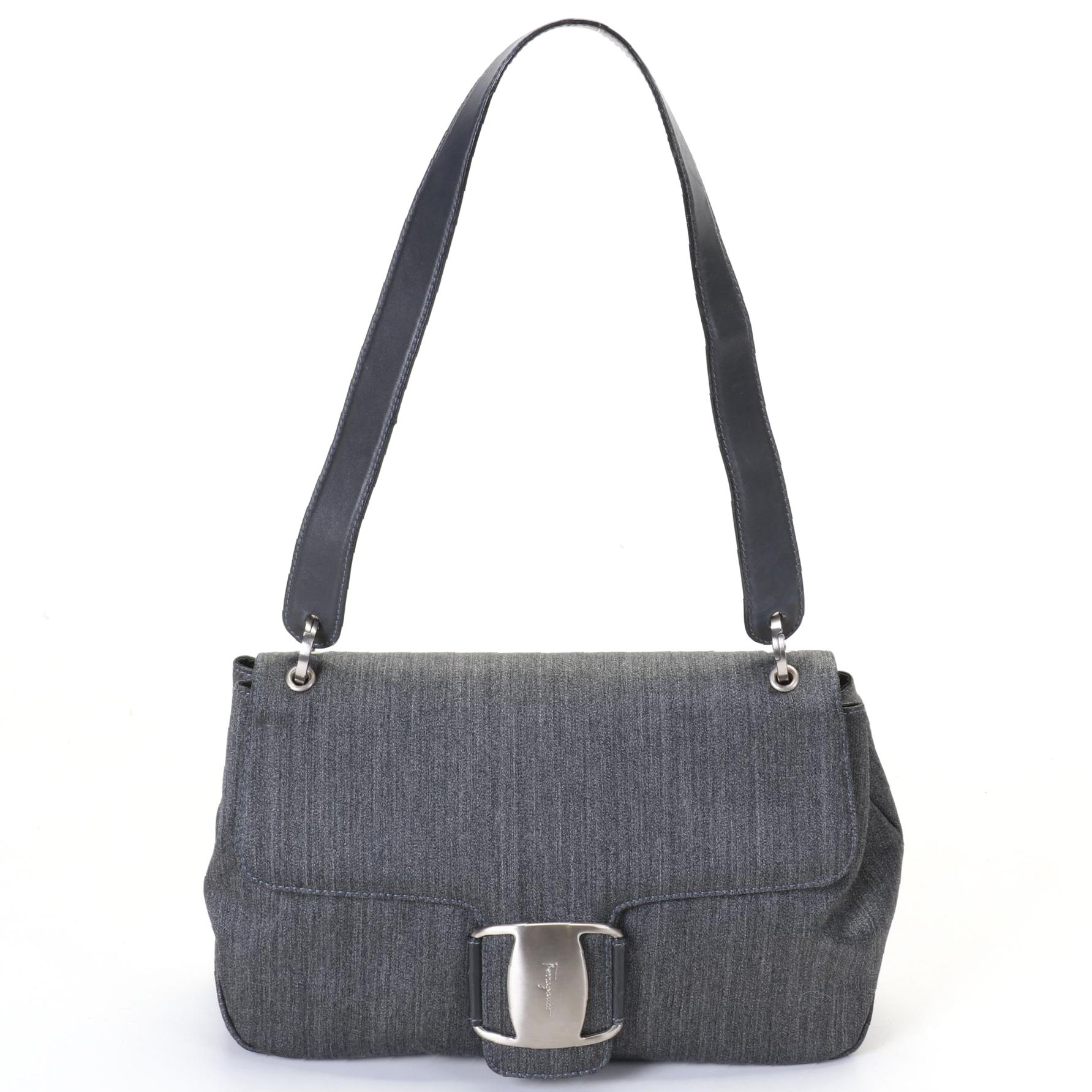 Salvatore Ferragamo Vara Shoulder Bag in Grey Striated Fabric With Leather Strap