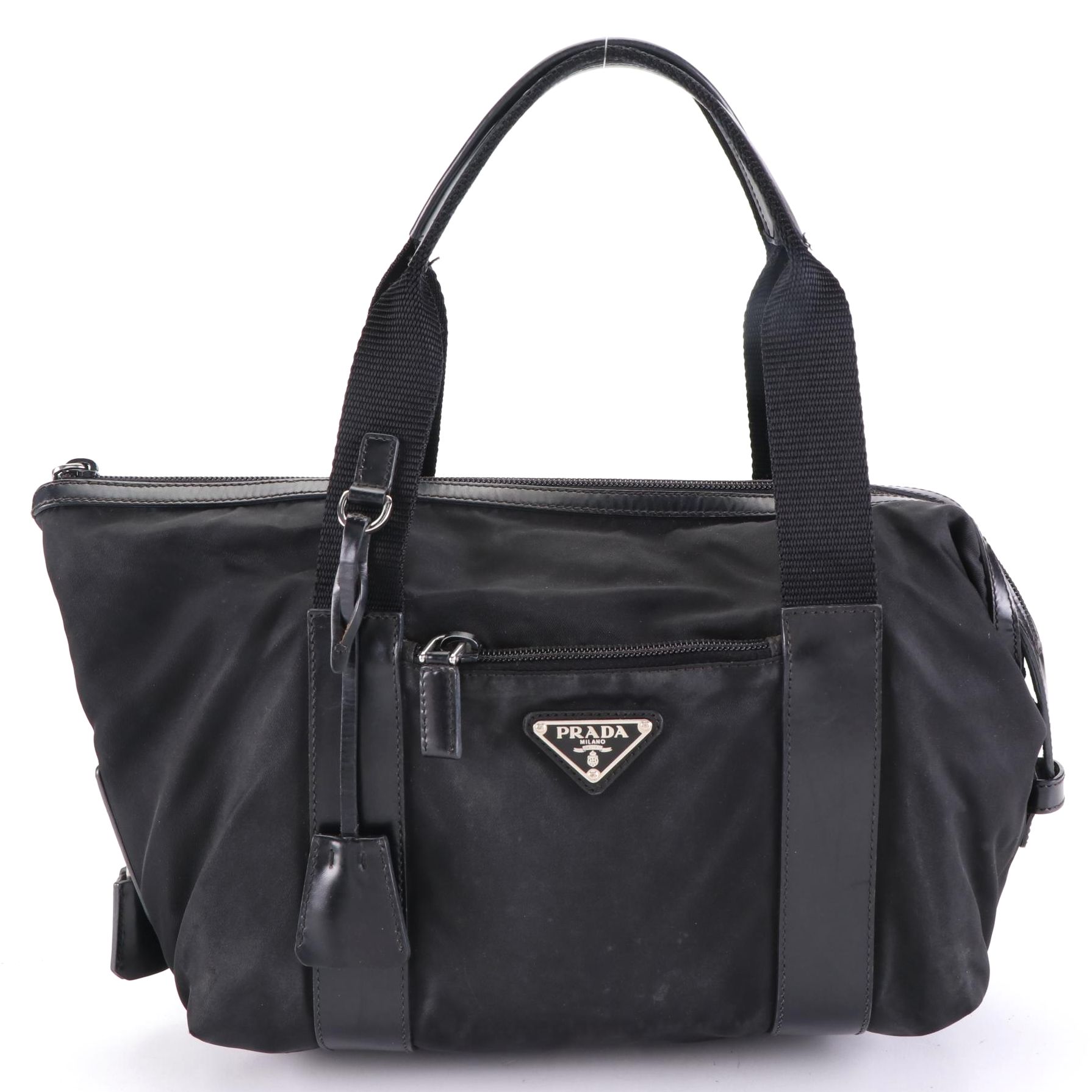 Prada Small Zip Tote in Black Nylon Gabardine with Leather Trim