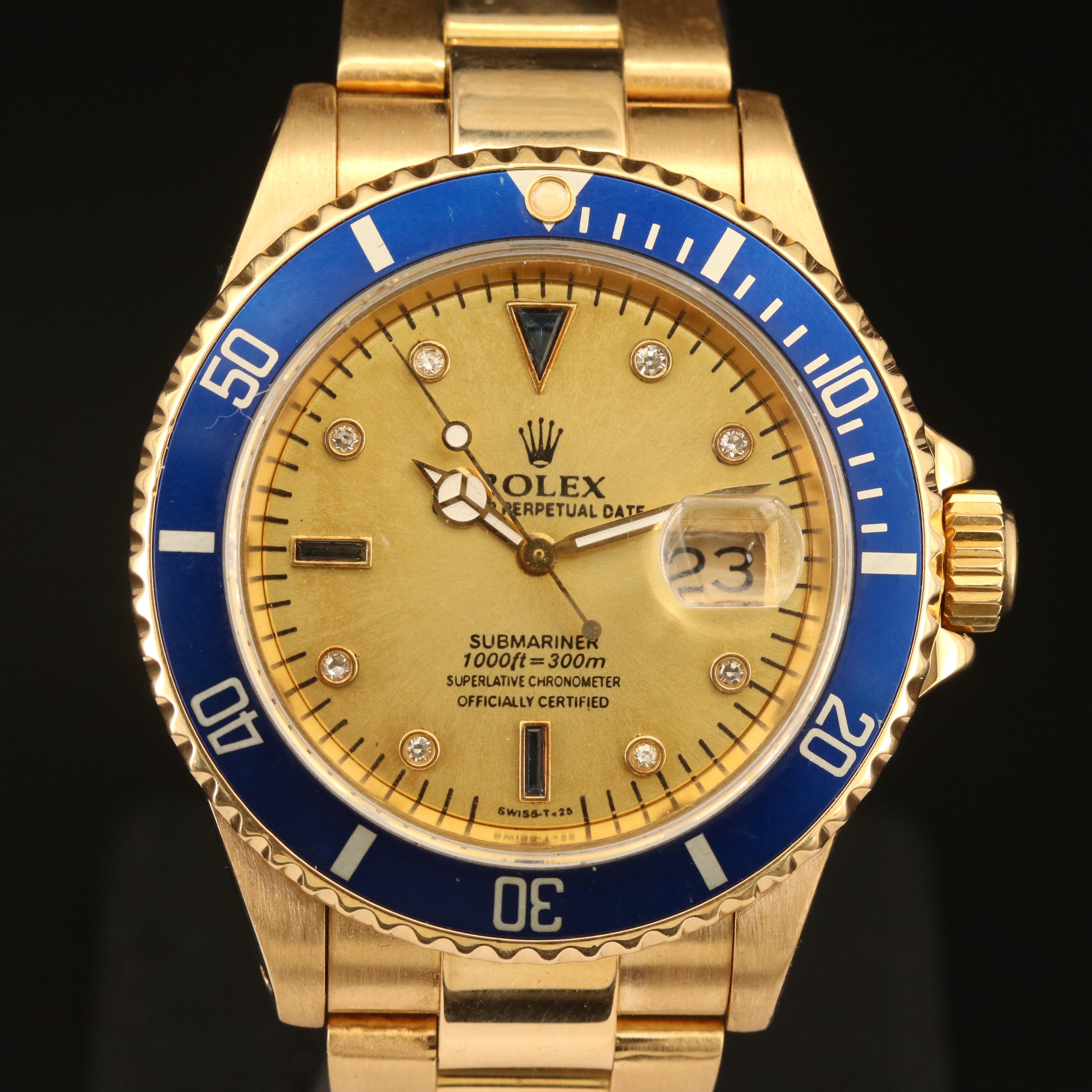 1991 18K Rolex Submariner Date Watch with Diamond and Sapphire Dial