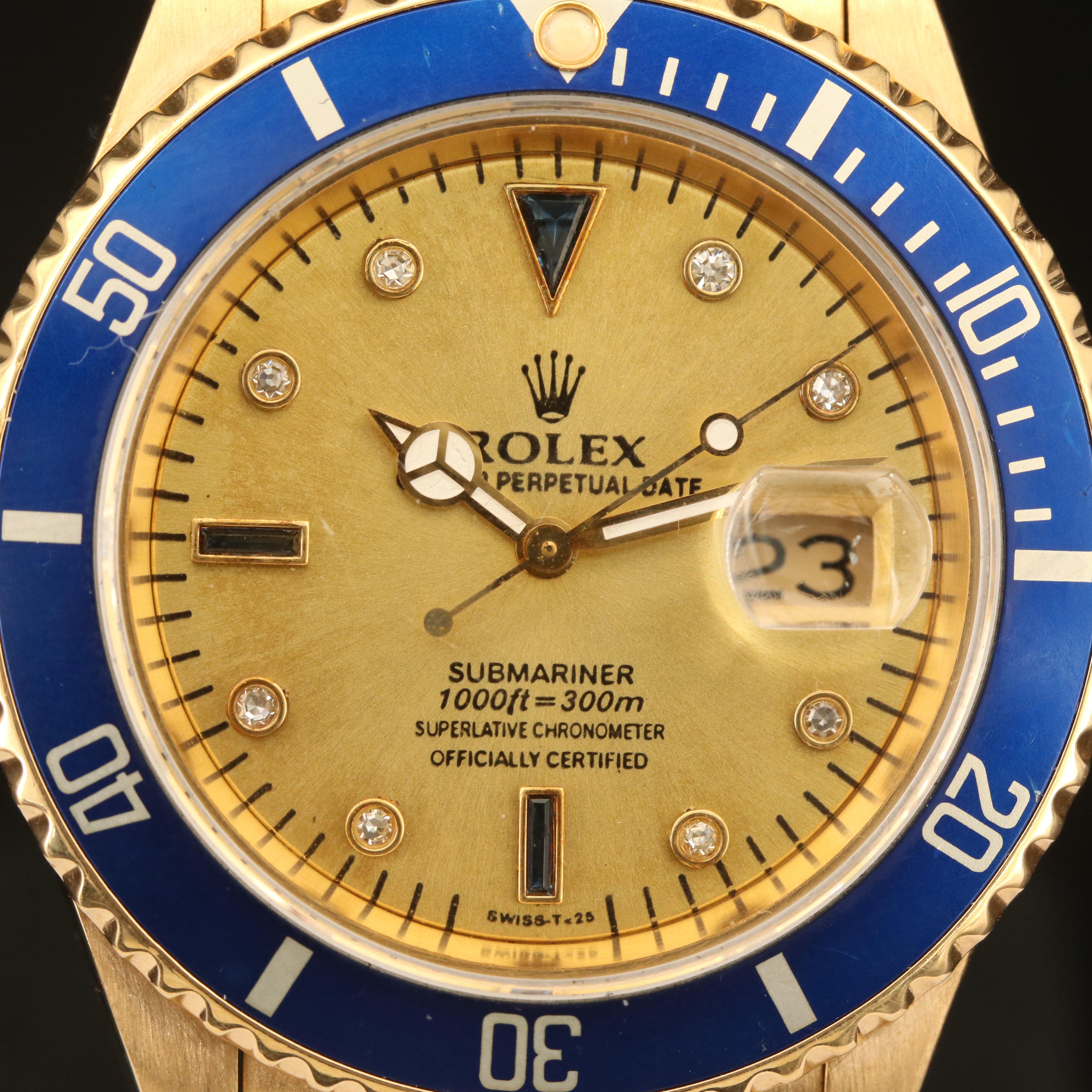 1991 18K Rolex Submariner Date Watch with Diamond and Sapphire Dial