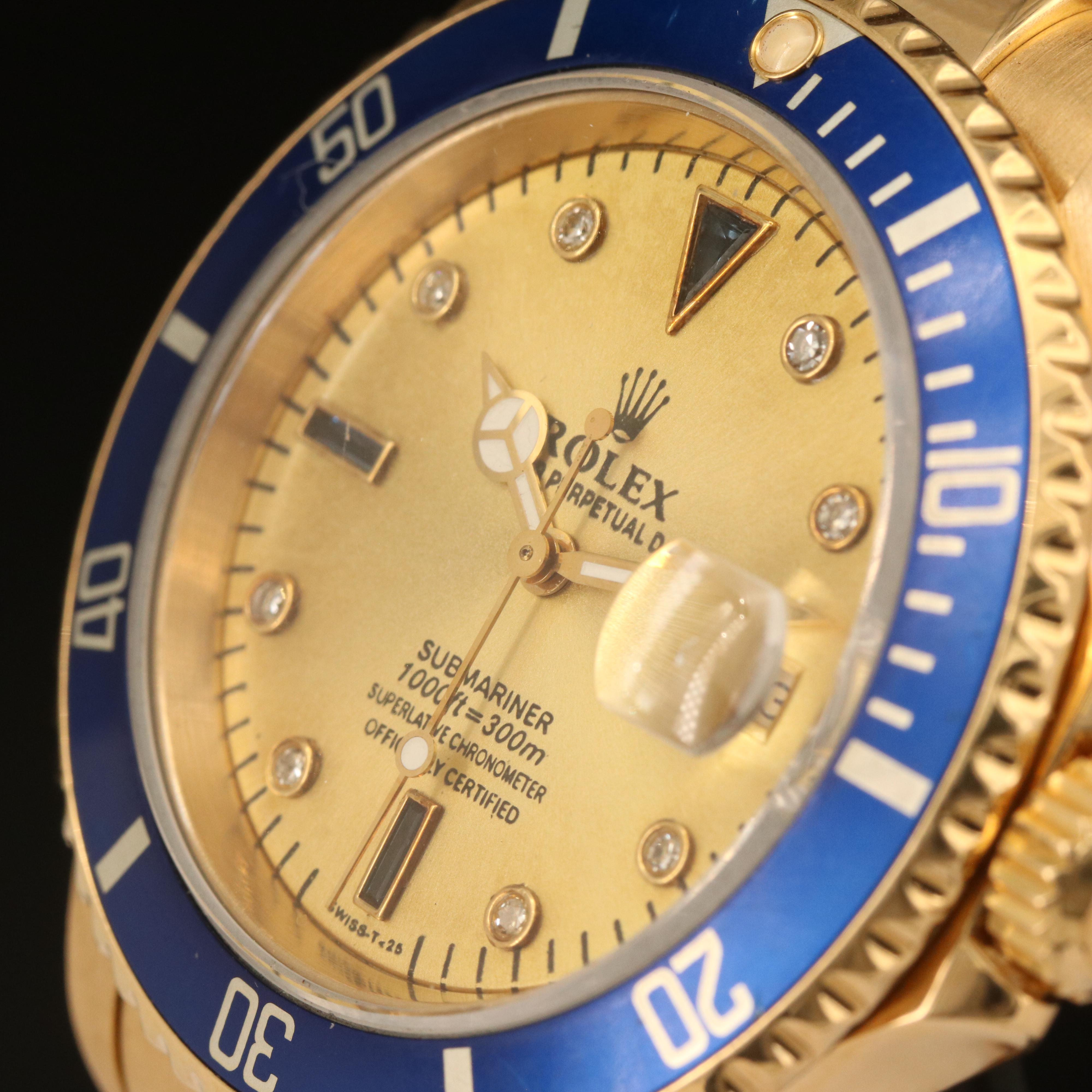 1991 18K Rolex Submariner Date Watch with Diamond and Sapphire Dial