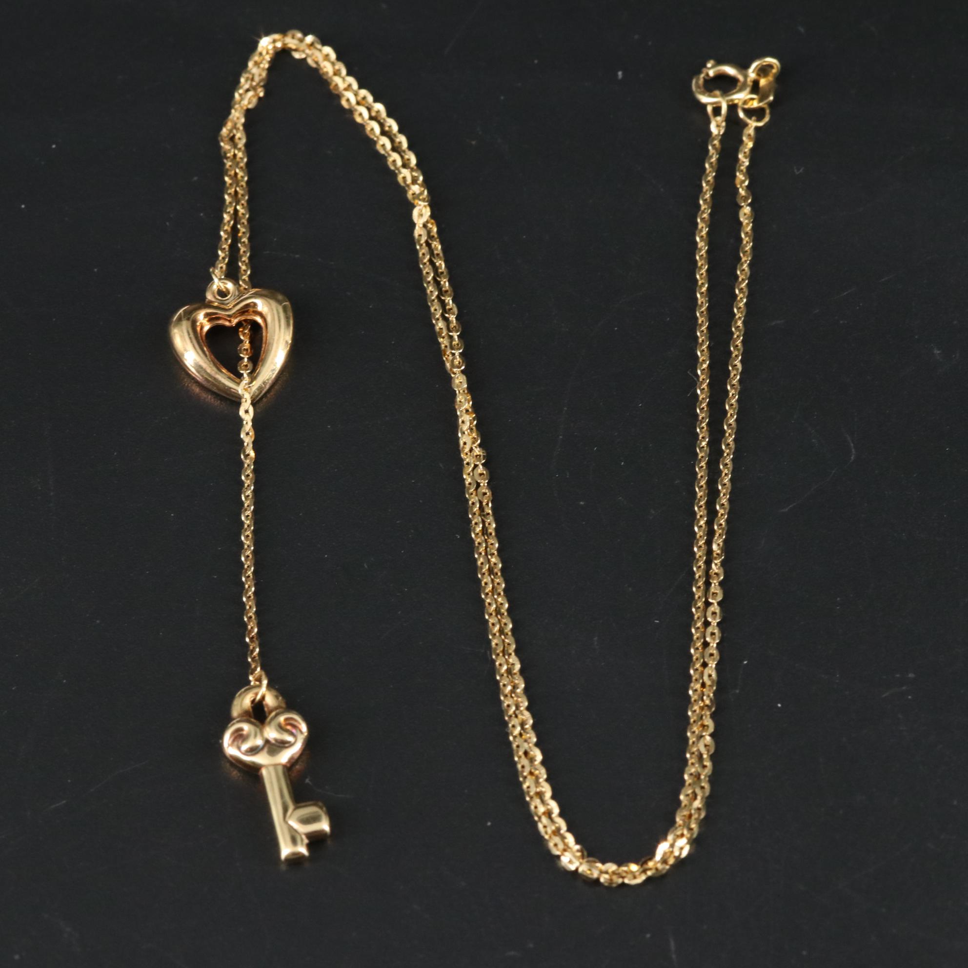 10K Heart and Key Lariat Necklace