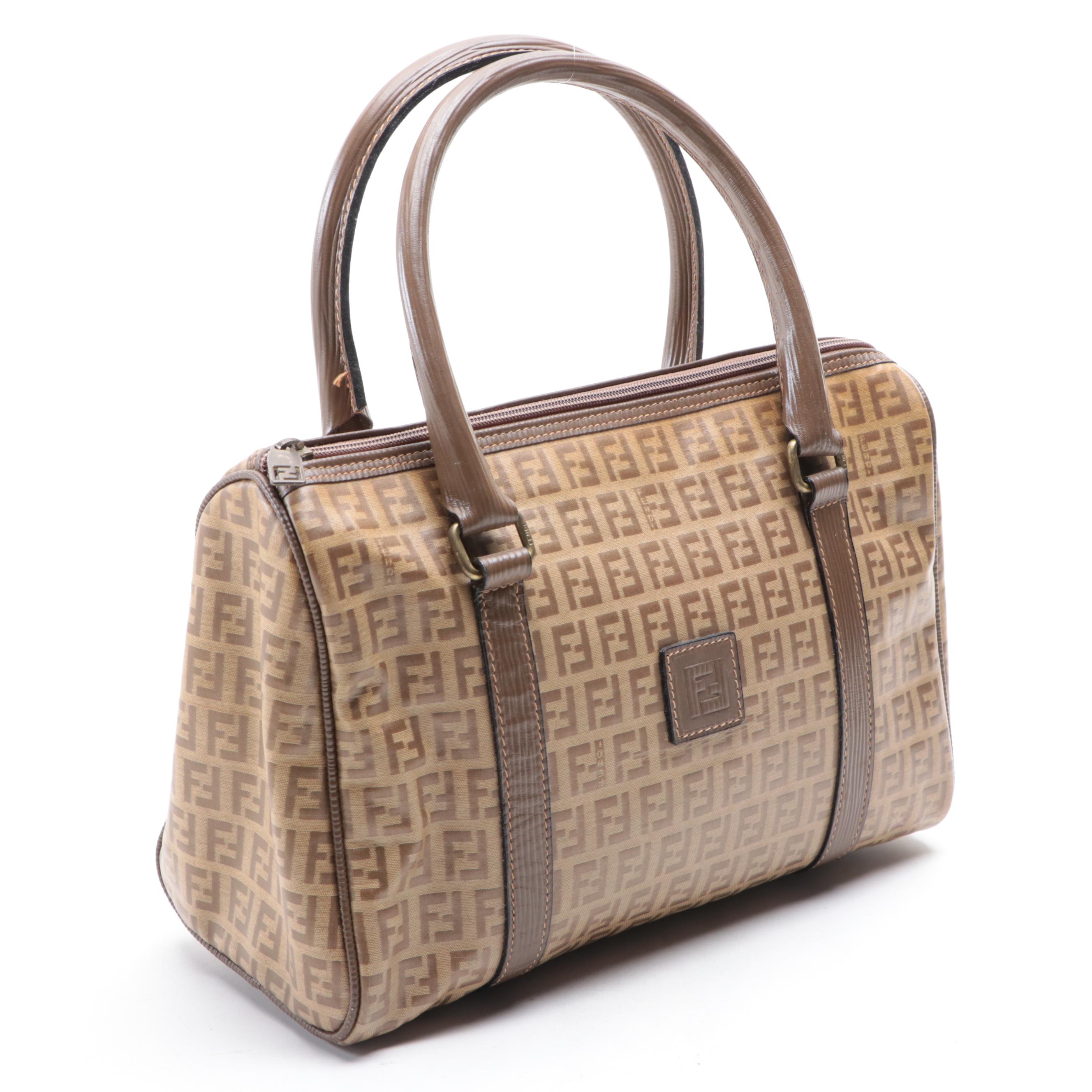 Fendi Boston Bag in Zucca Coated Canvas and Textured Leather Trim