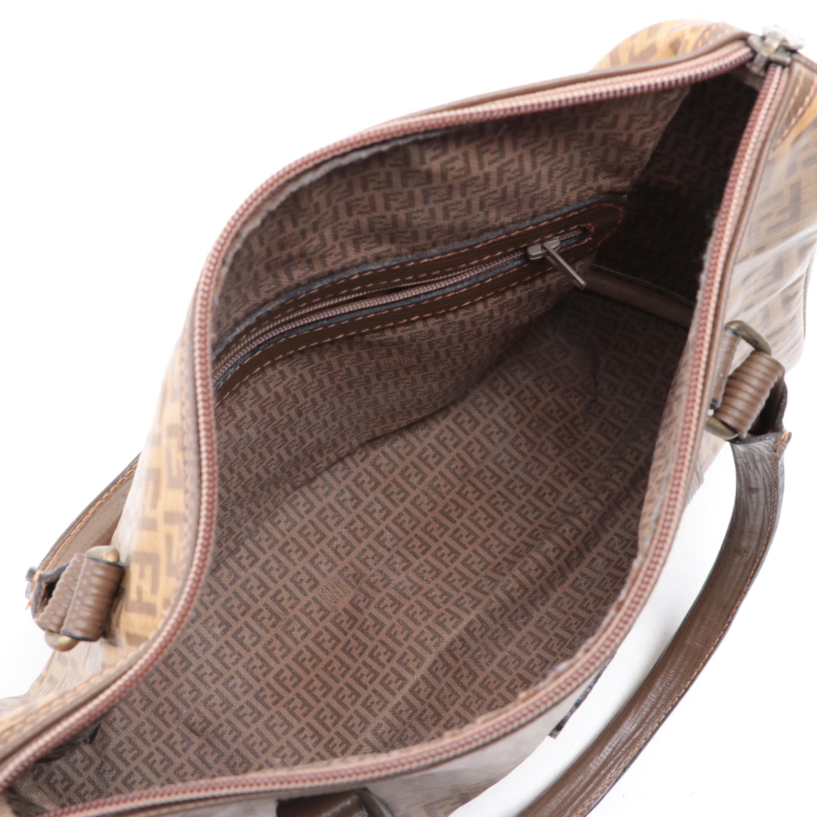 Fendi Boston Bag in Zucca Coated Canvas and Textured Leather Trim