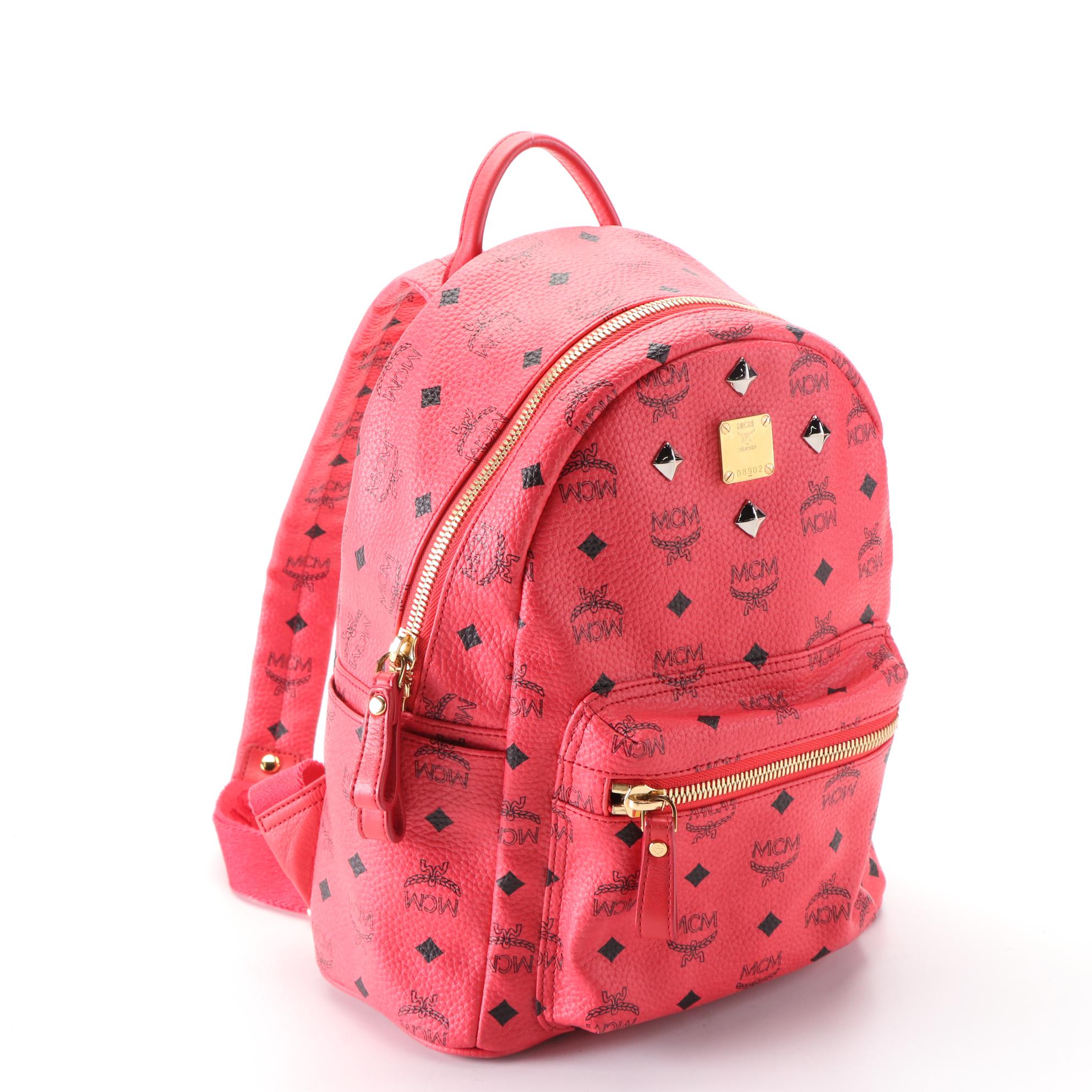 MCM Small Stark Backpack in Studded Red Visetos Canvas w/Leather Trim