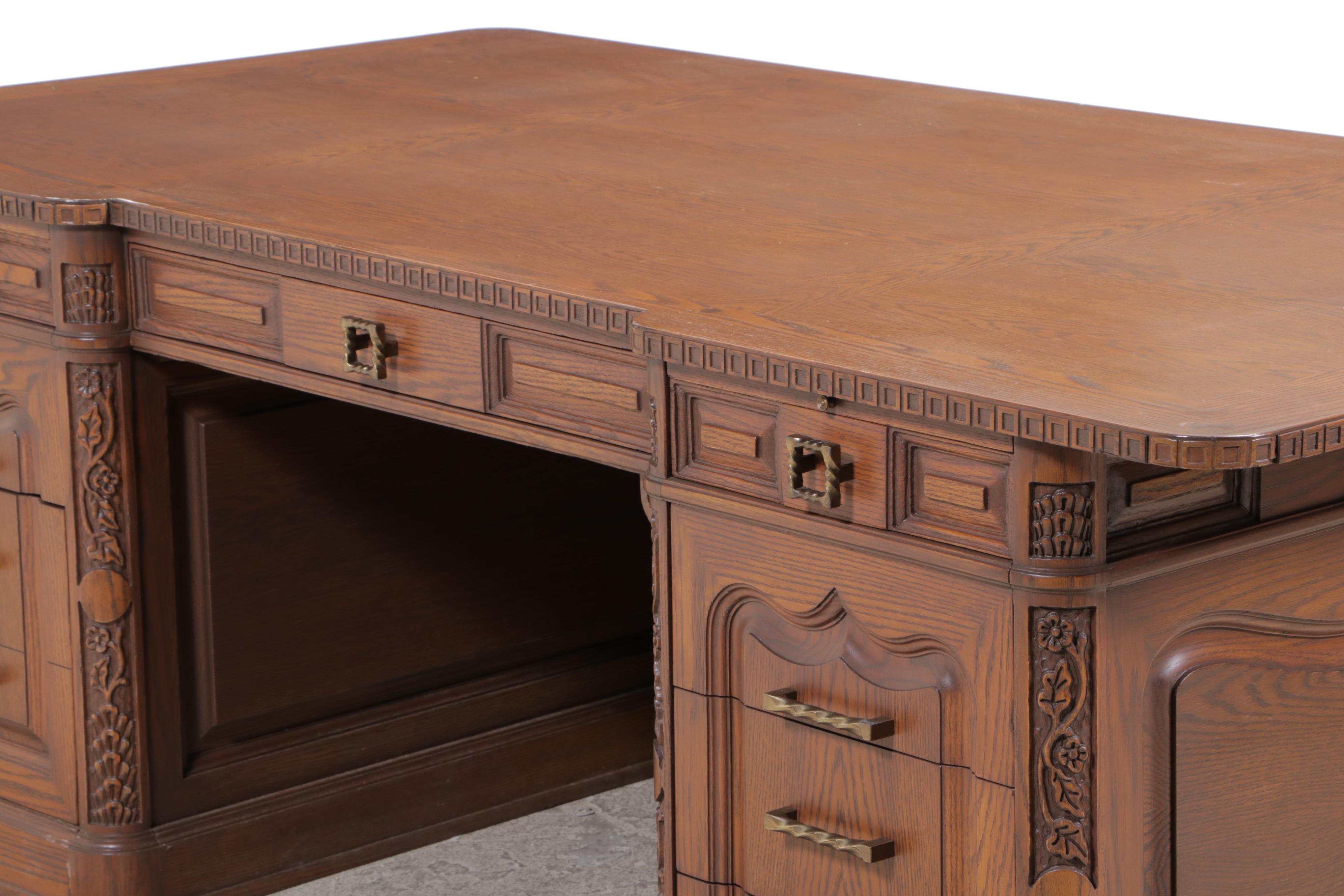 Romweber Carved Oak Double-Pedestal Desk, 20th Century