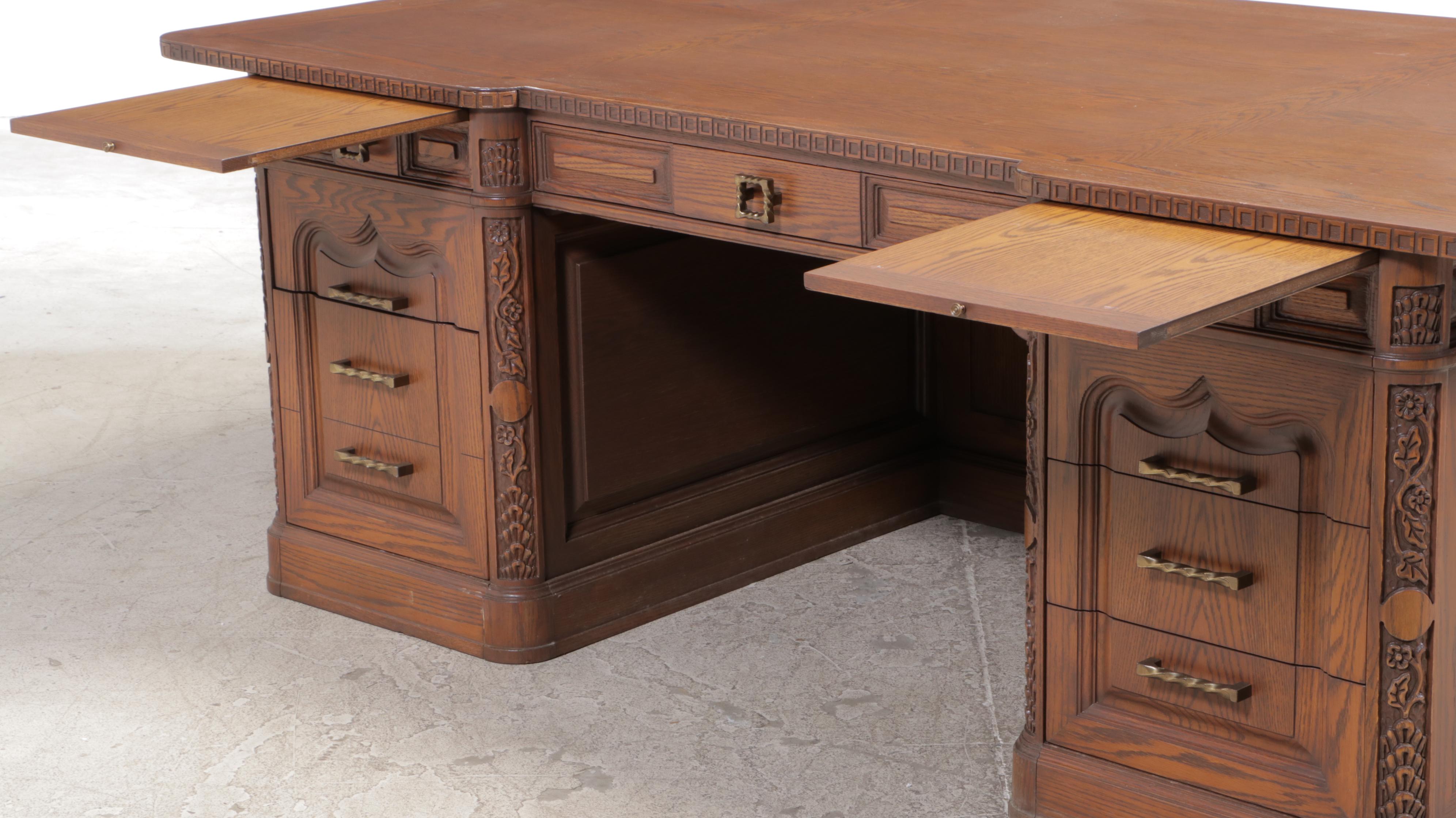 Romweber Carved Oak Double-Pedestal Desk, 20th Century