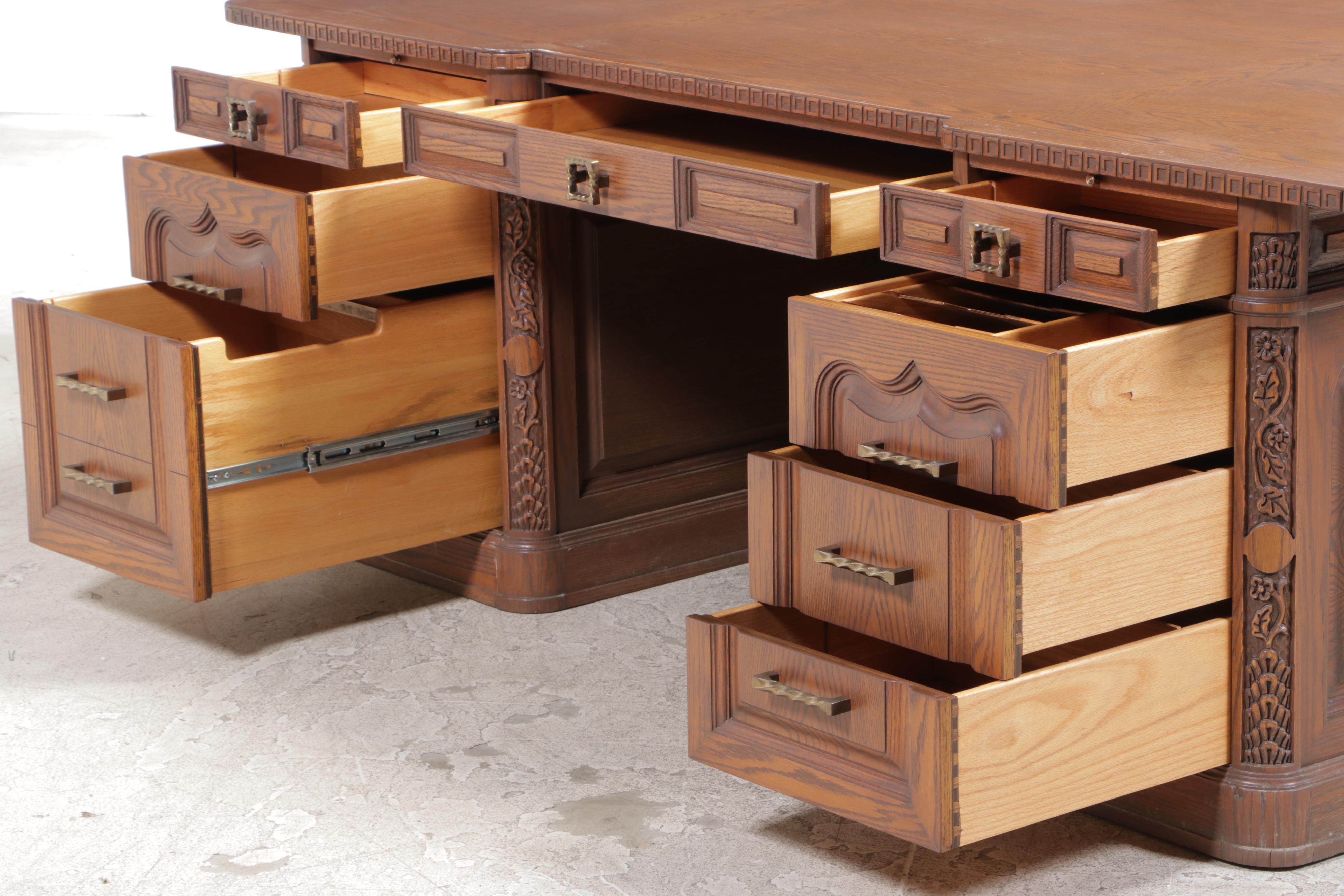 Romweber Carved Oak Double-Pedestal Desk, 20th Century