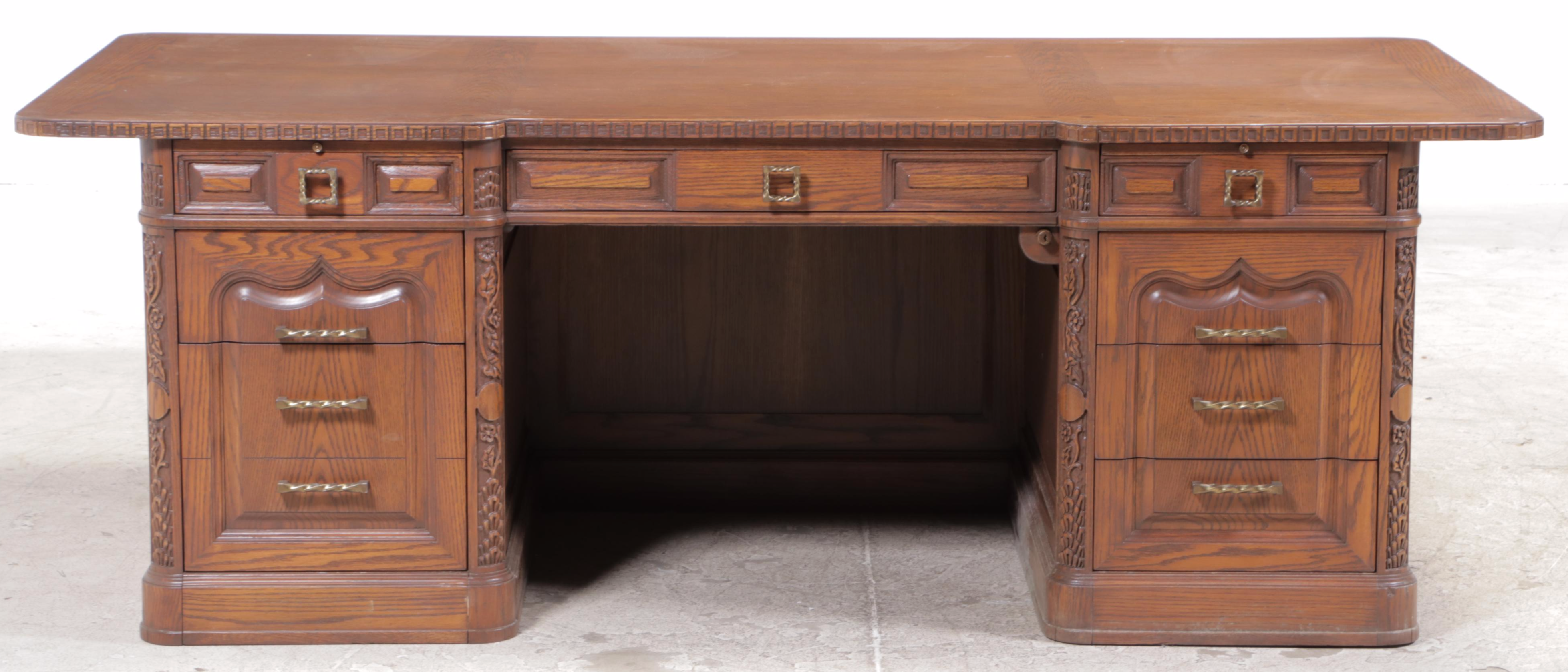 Romweber Carved Oak Double-Pedestal Desk, 20th Century