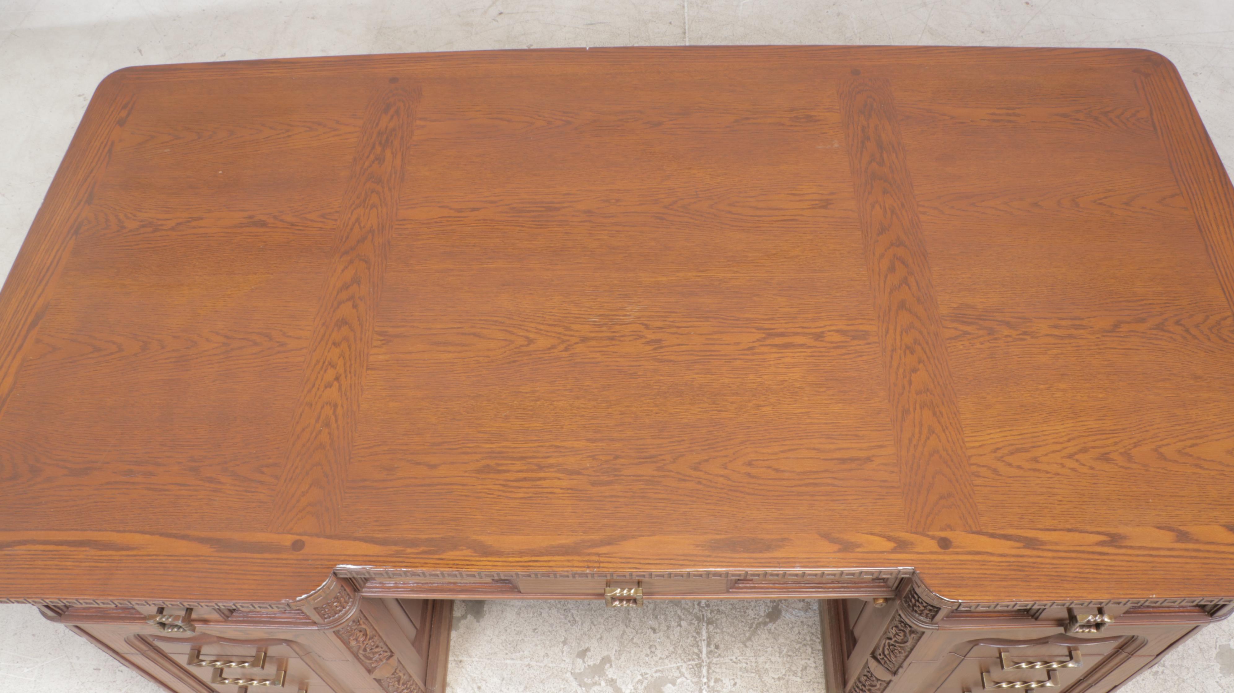 Romweber Carved Oak Double-Pedestal Desk, 20th Century