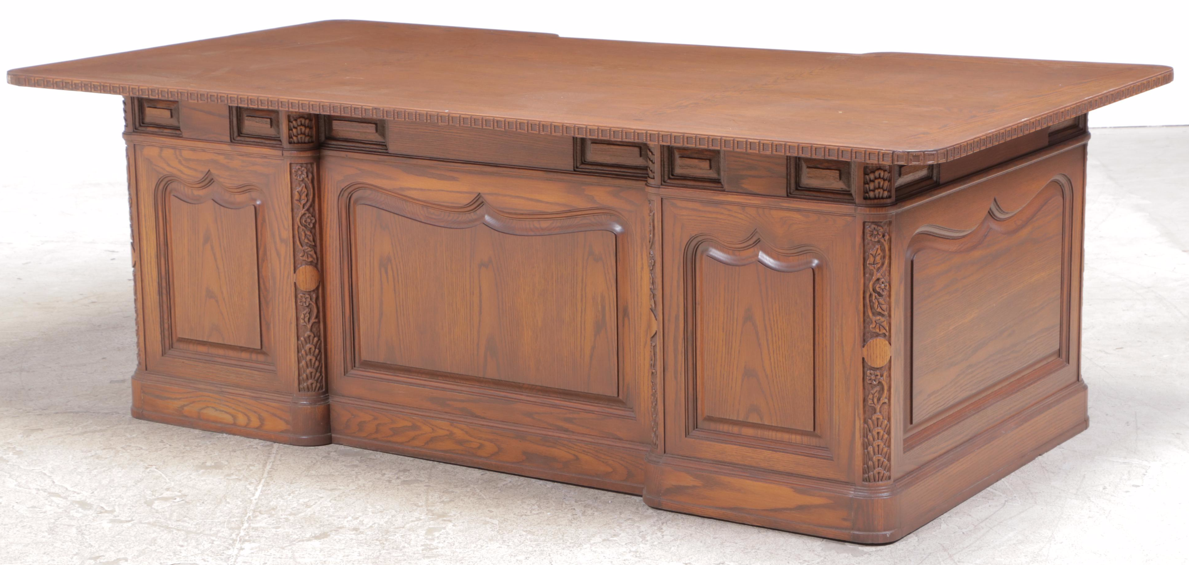 Romweber Carved Oak Double-Pedestal Desk, 20th Century