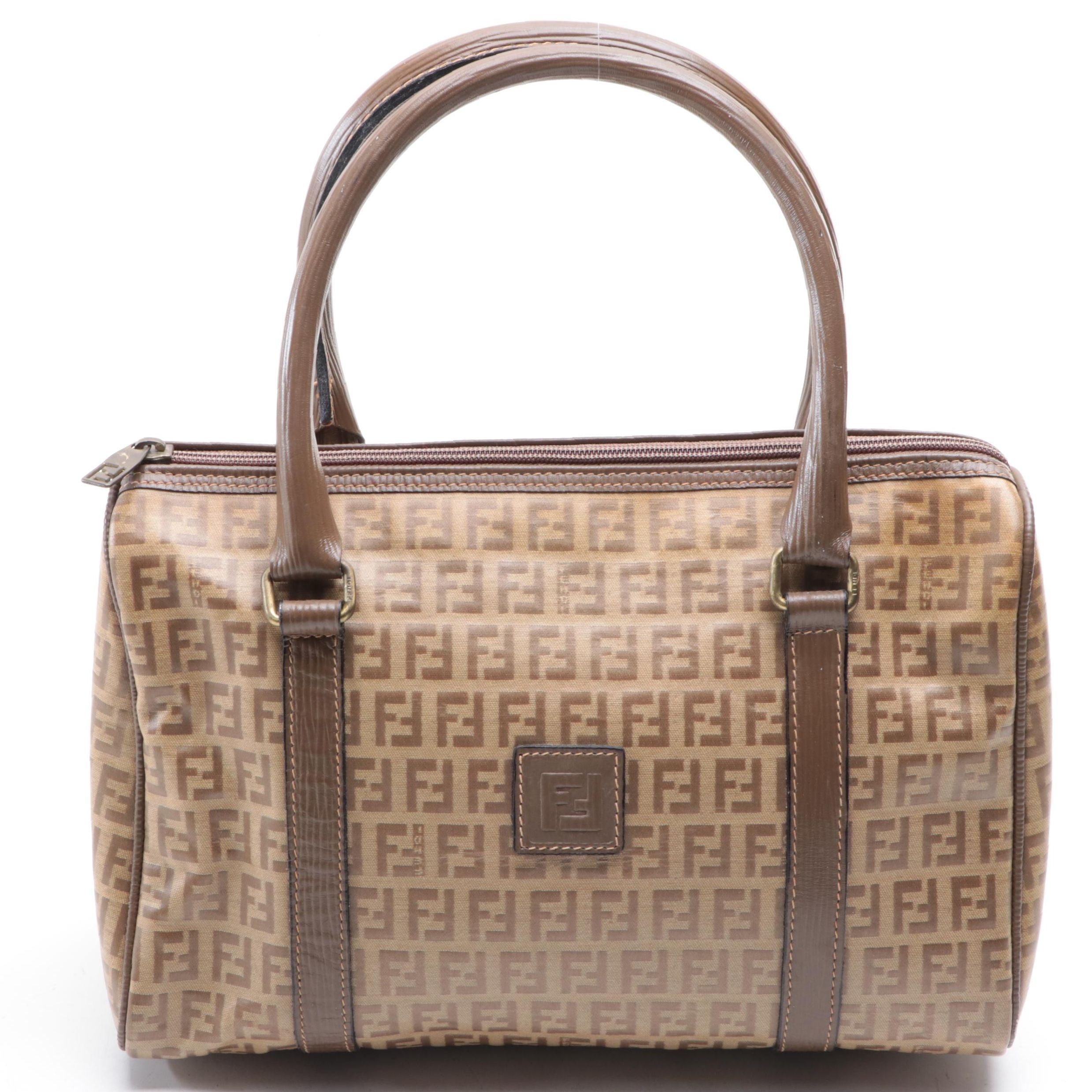 Fendi Boston Bag in Zucca Coated Canvas and Textured Leather Trim