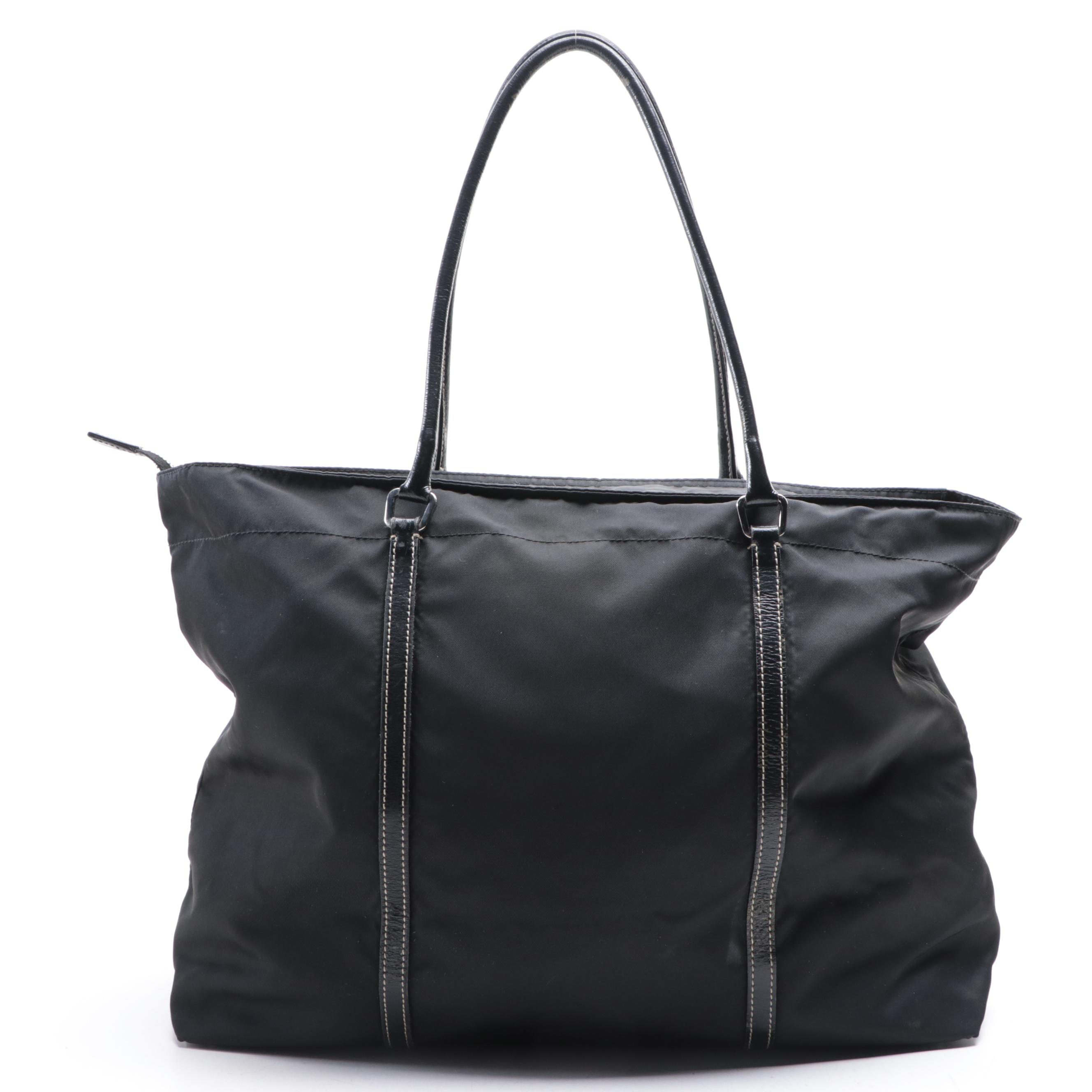Prada Medium Zip Shoulder Tote in Black Nylon Gabardine/Constrast-Stitch Leather