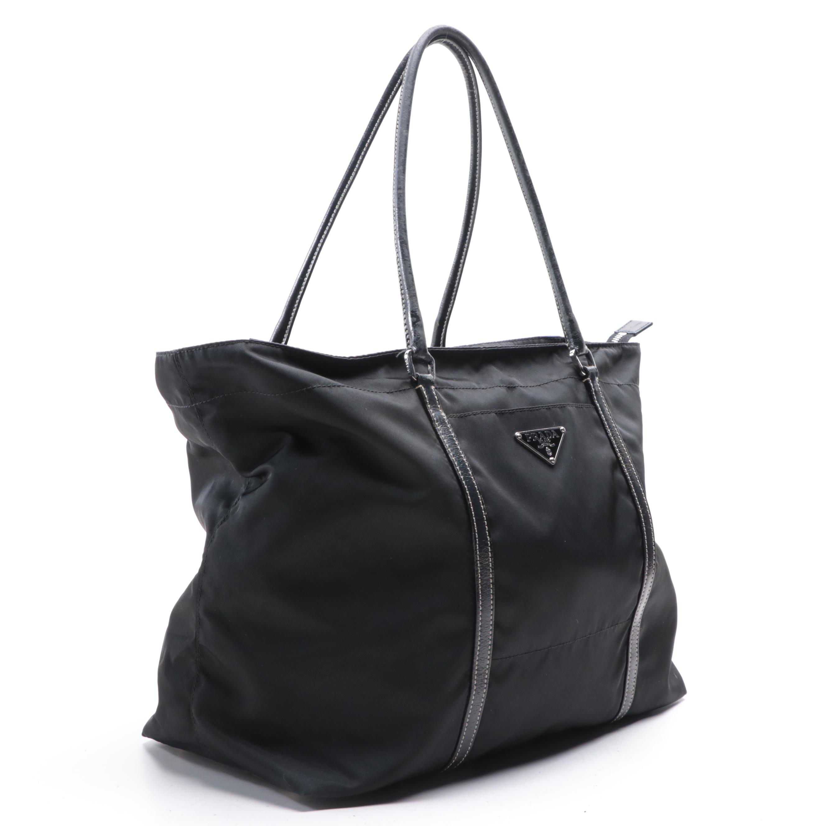 Prada Medium Zip Shoulder Tote in Black Nylon Gabardine/Constrast-Stitch Leather