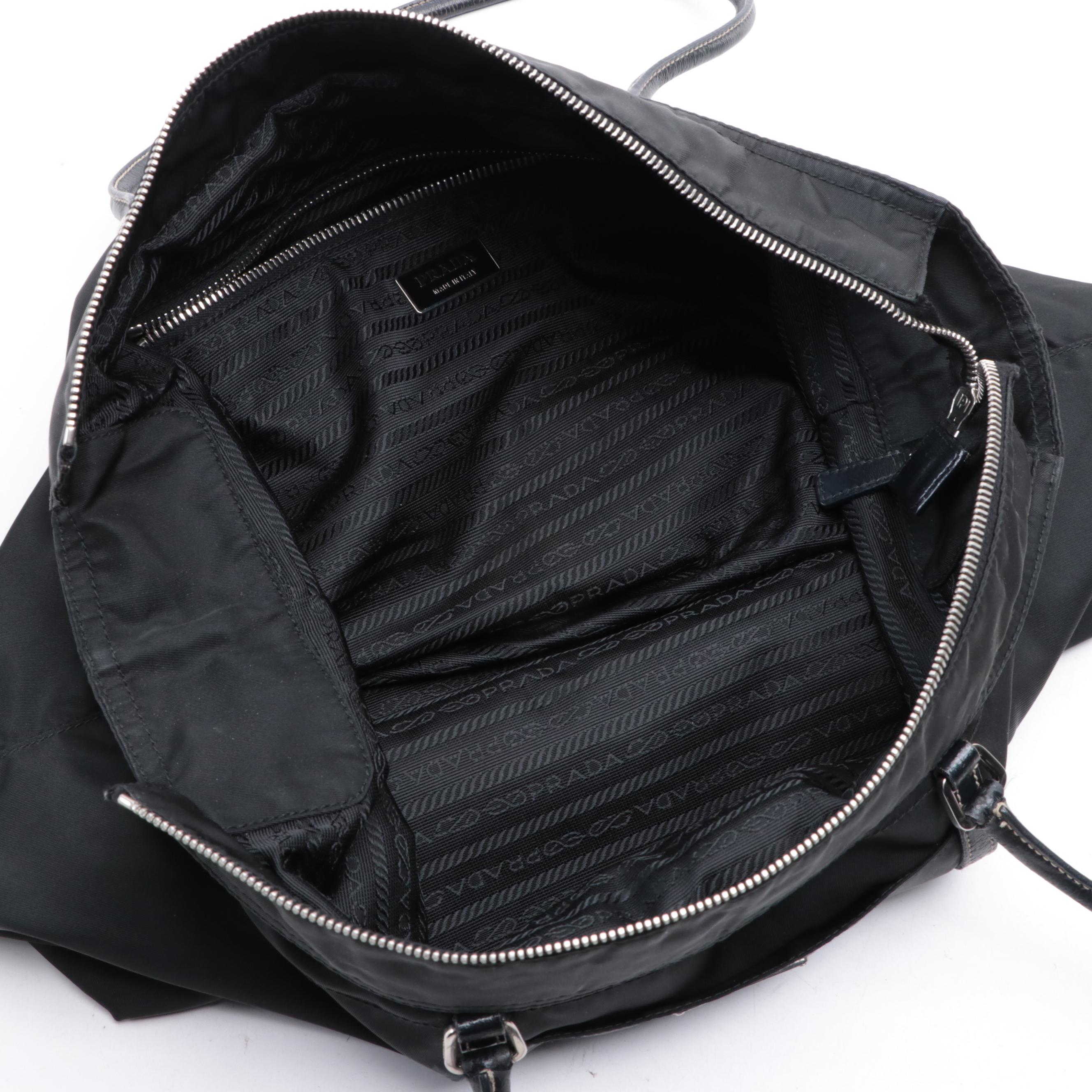 Prada Medium Zip Shoulder Tote in Black Nylon Gabardine/Constrast-Stitch Leather