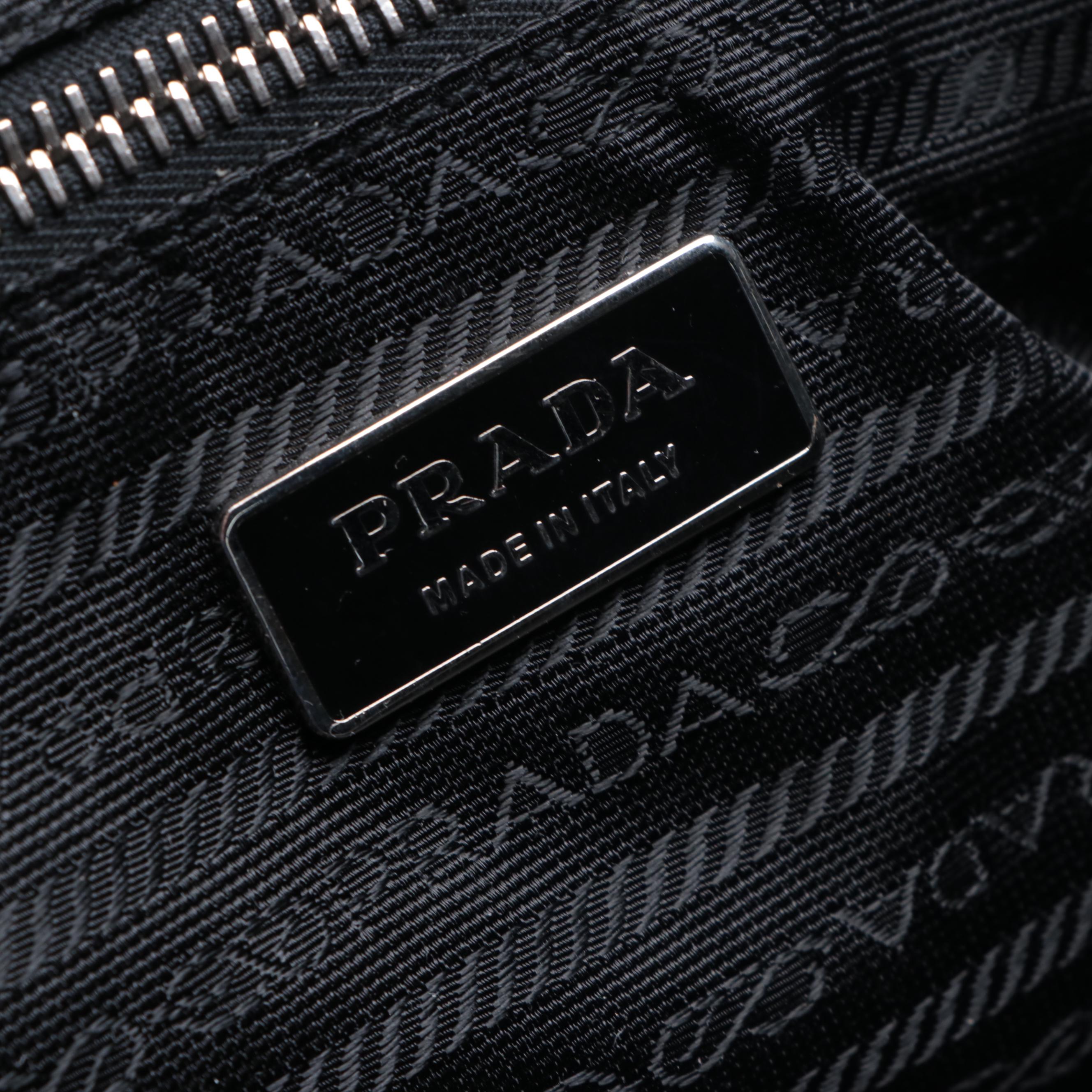 Prada Medium Zip Shoulder Tote in Black Nylon Gabardine/Constrast-Stitch Leather