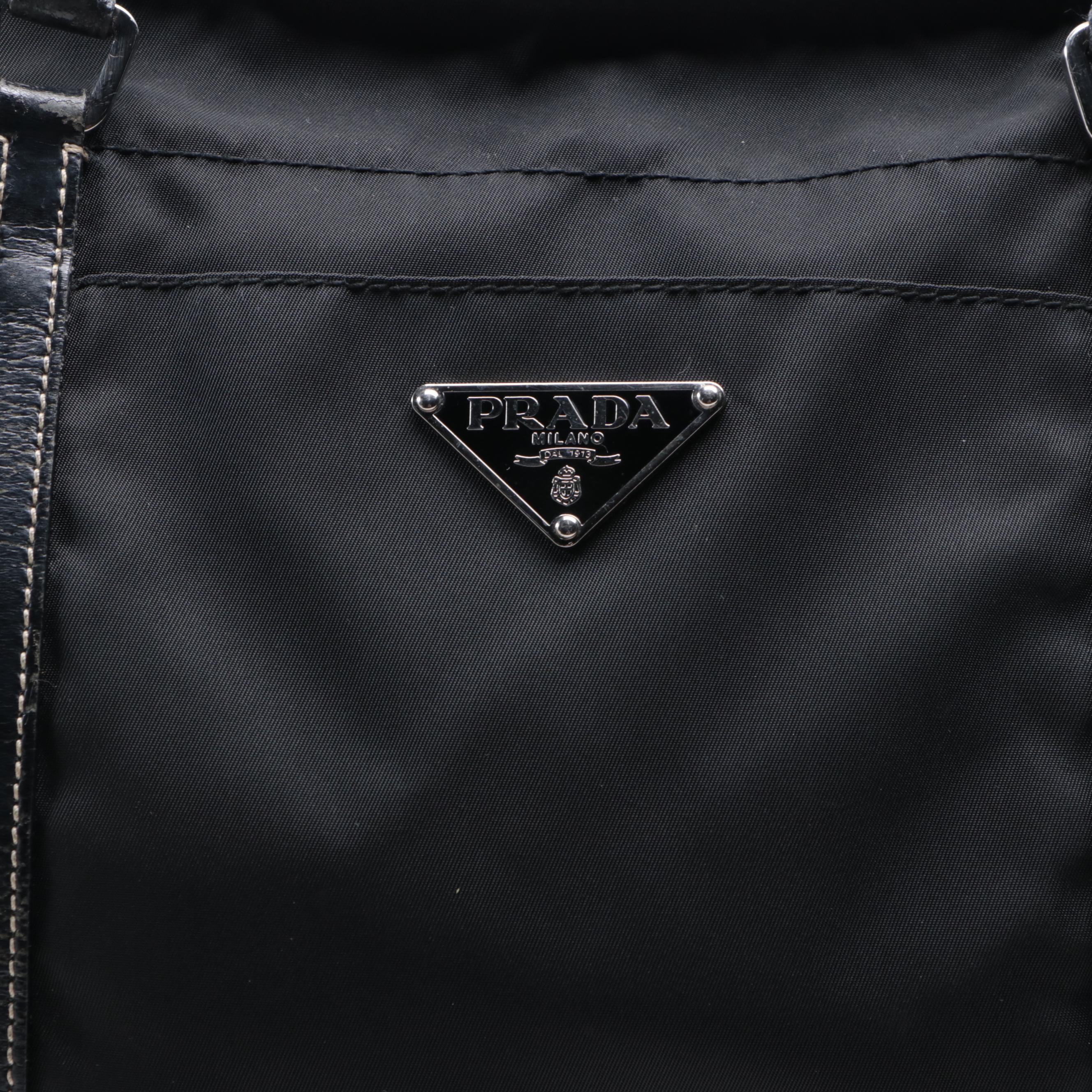 Prada Medium Zip Shoulder Tote in Black Nylon Gabardine/Constrast-Stitch Leather