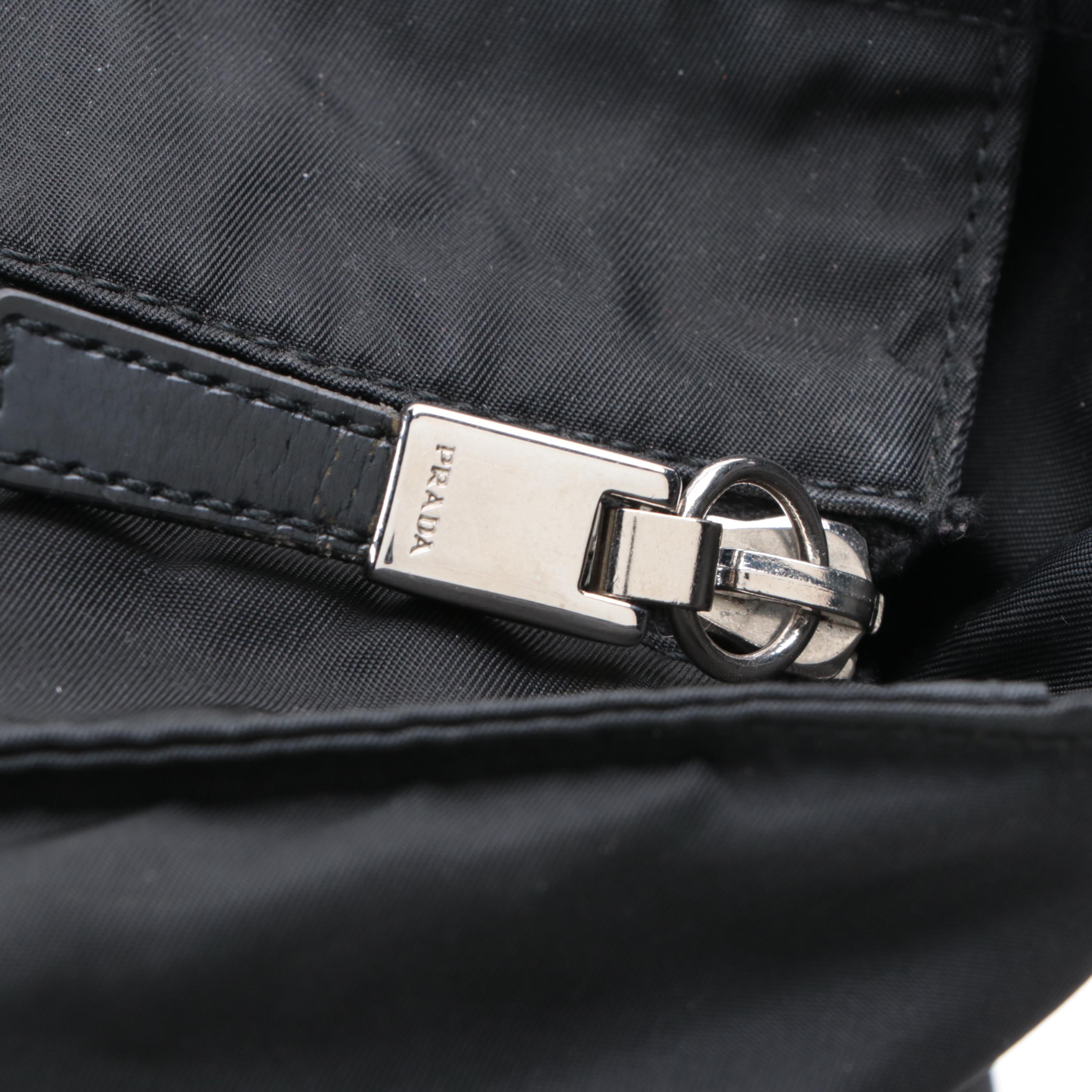 Prada Medium Zip Shoulder Tote in Black Nylon Gabardine/Constrast-Stitch Leather