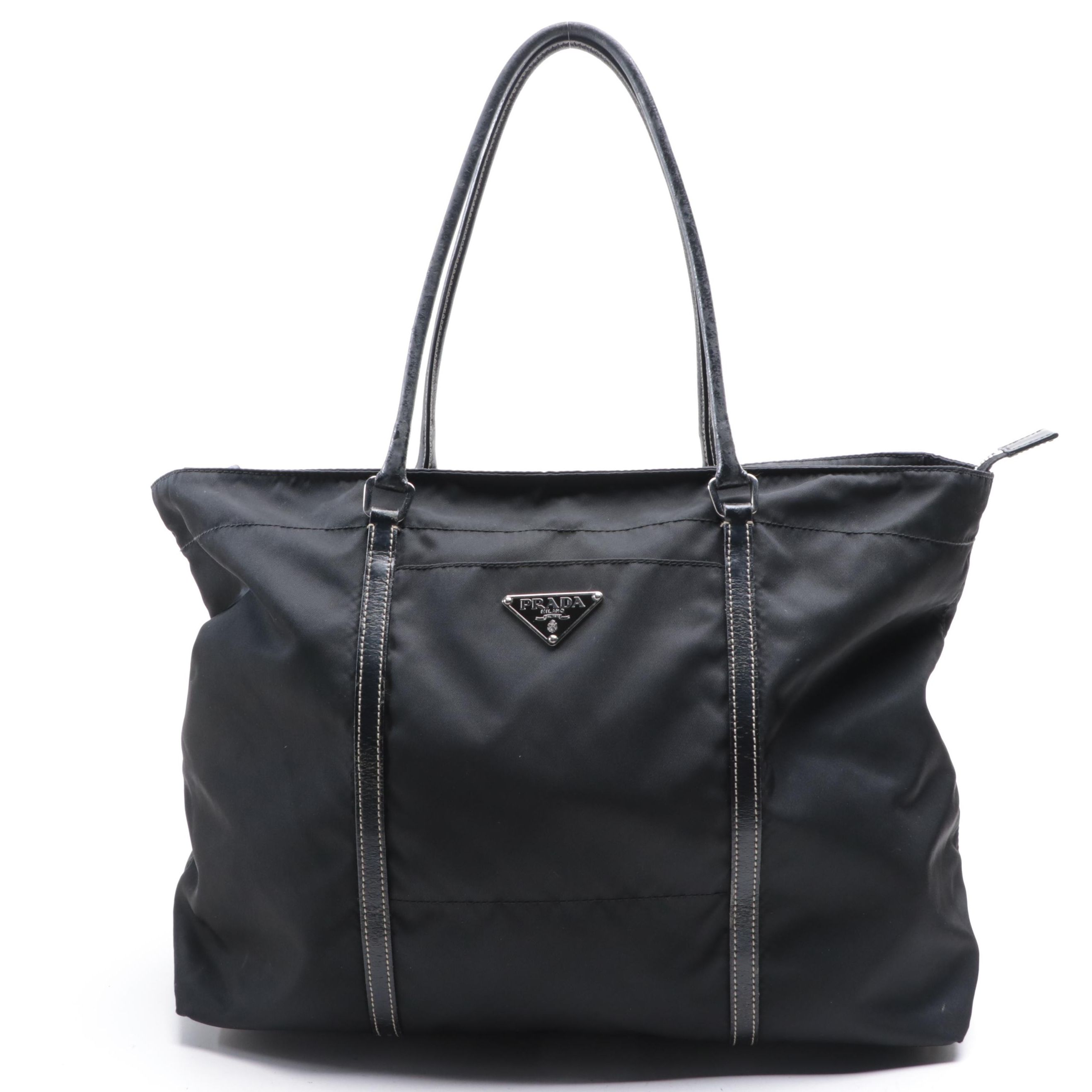 Prada Medium Zip Shoulder Tote in Black Nylon Gabardine/Constrast-Stitch Leather