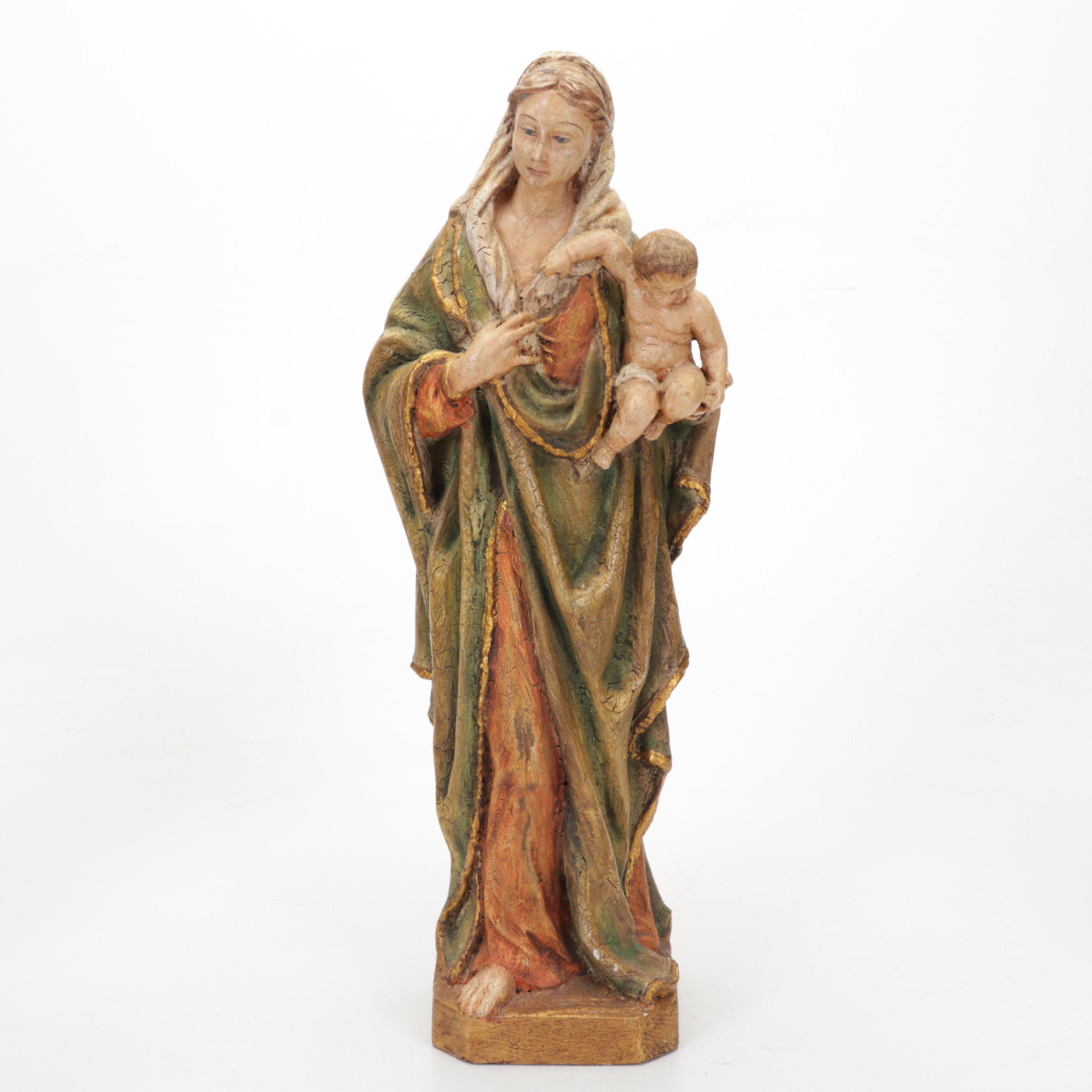 Madonna and Child Sculpture With Greek Orthodox Icon Wall and Table Plaques