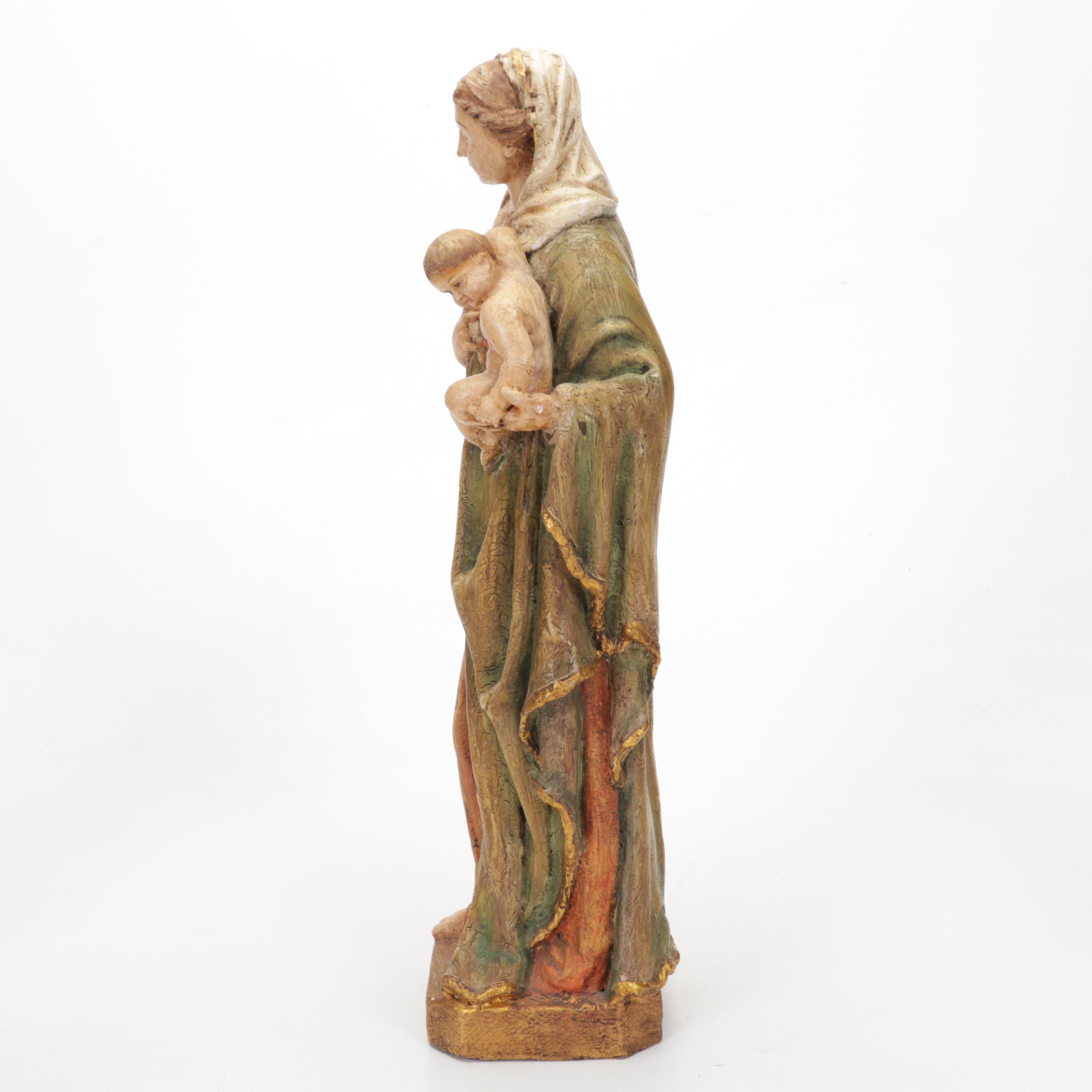 Madonna and Child Sculpture With Greek Orthodox Icon Wall and Table Plaques