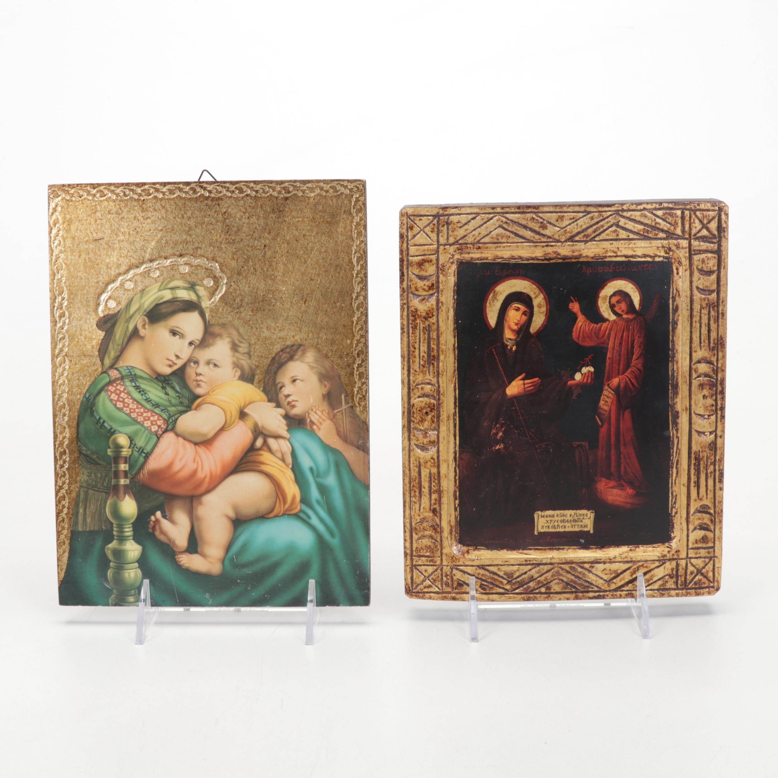Madonna and Child Sculpture With Greek Orthodox Icon Wall and Table Plaques