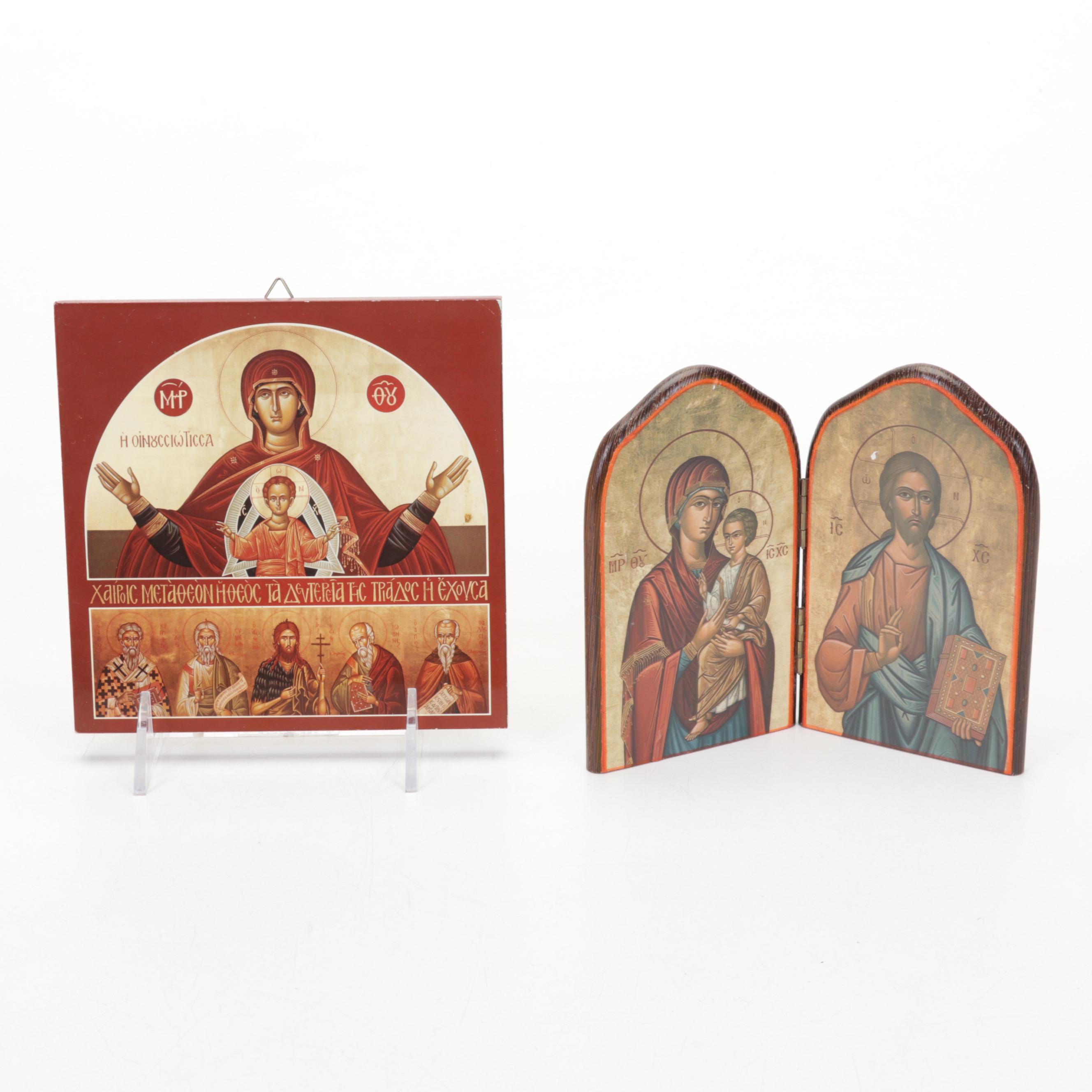 Madonna and Child Sculpture With Greek Orthodox Icon Wall and Table Plaques