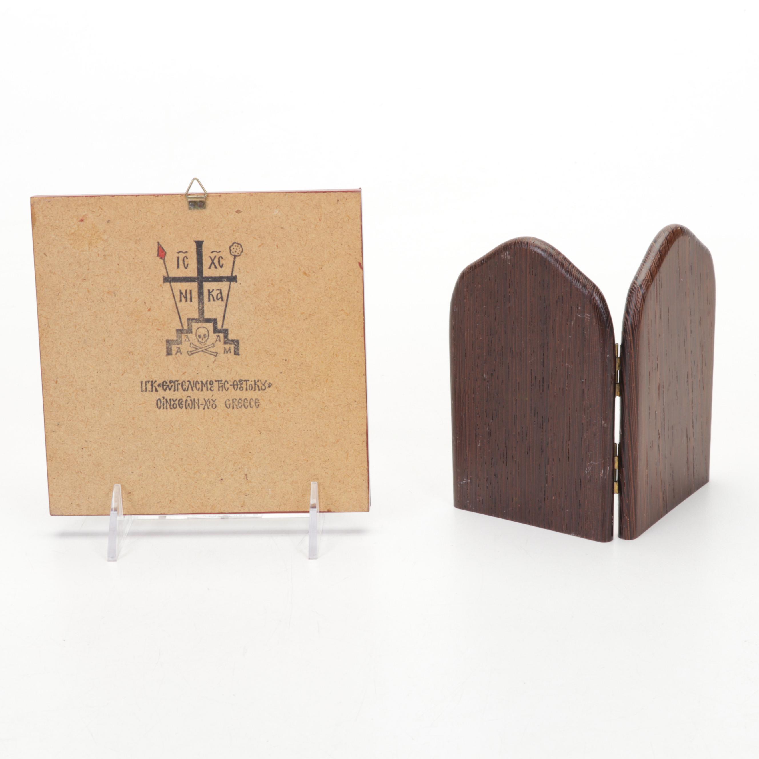 Madonna and Child Sculpture With Greek Orthodox Icon Wall and Table Plaques