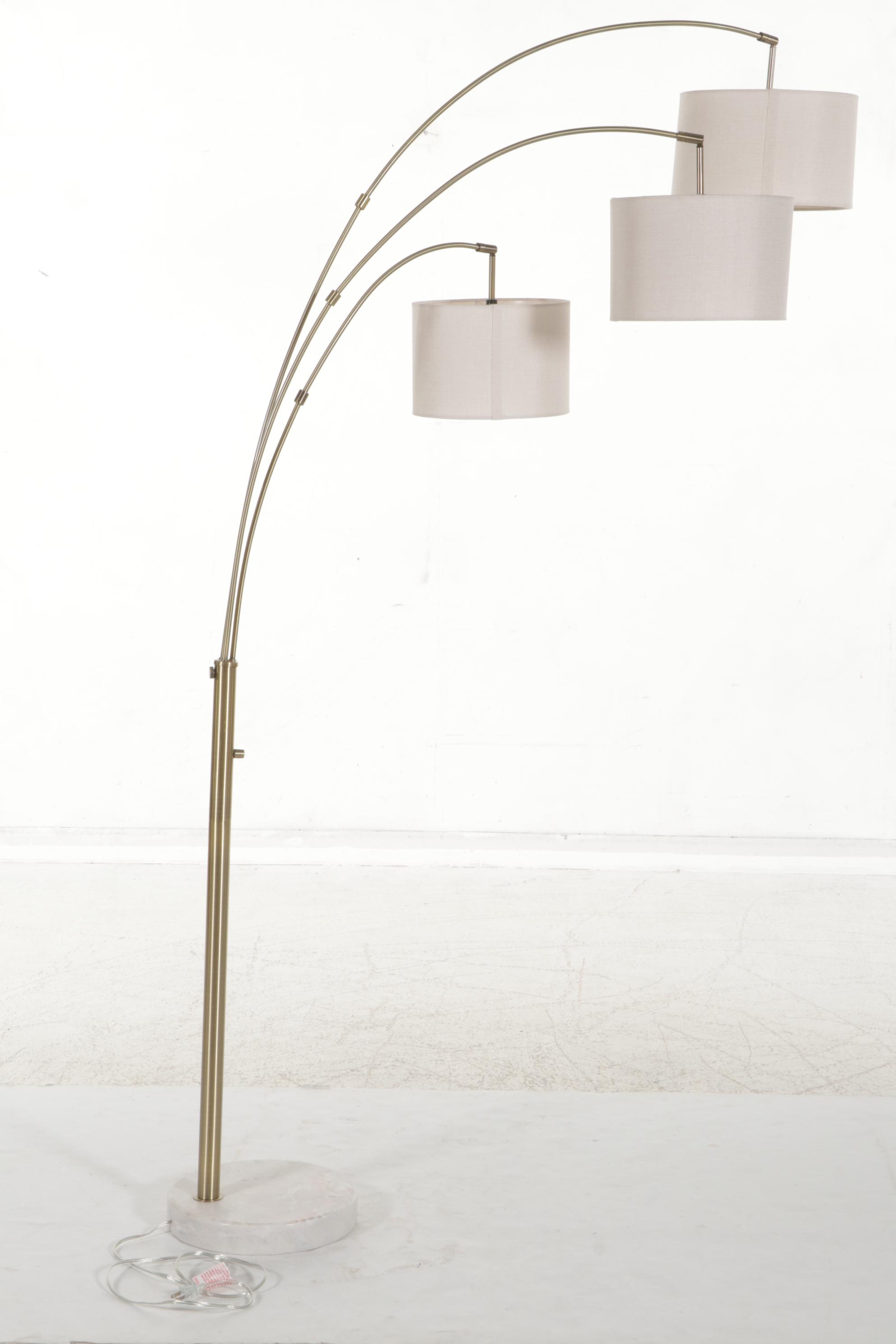 Contemporary H-Welldone Antiqued Brass and Marble Three-Light Arched Floor Lamp