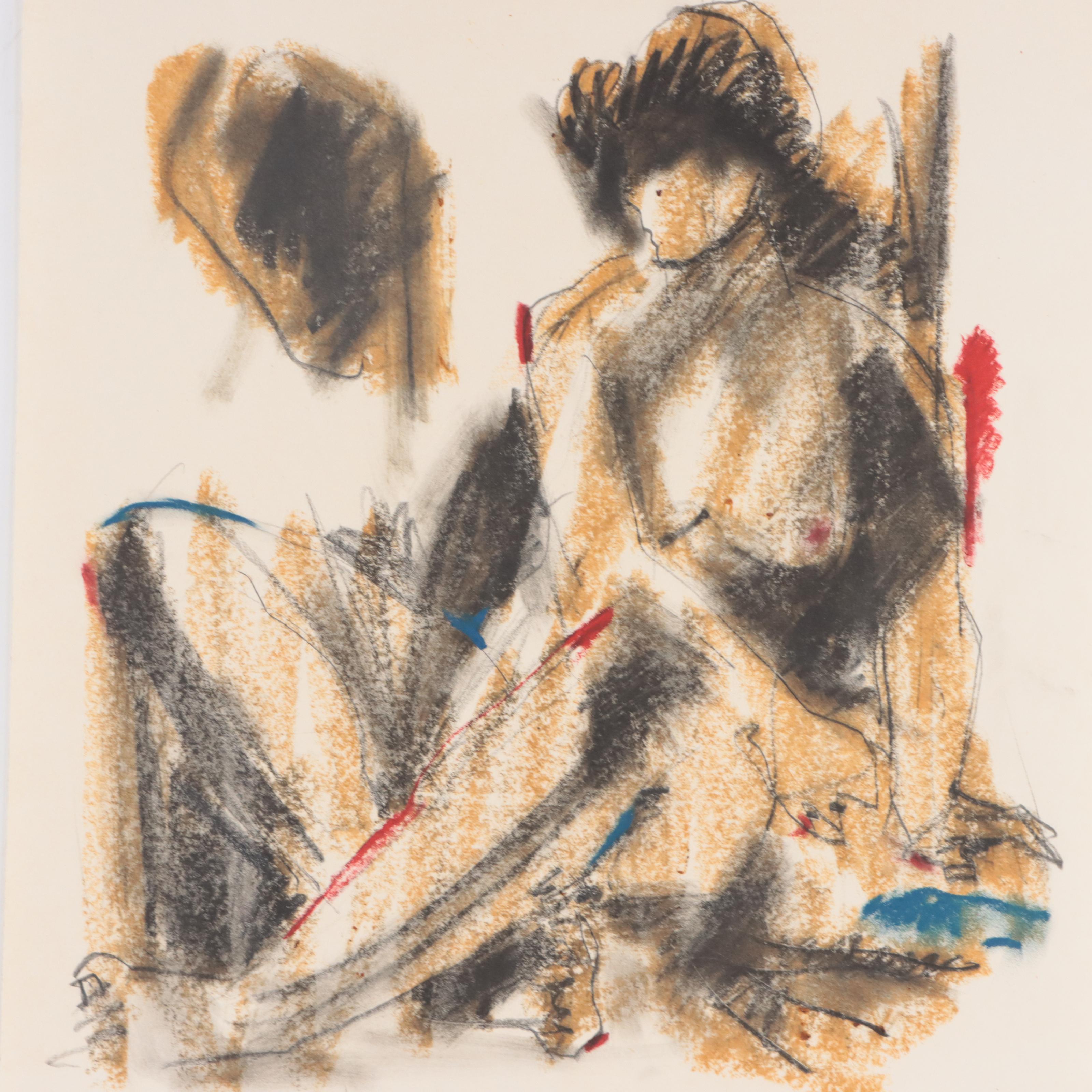 Jack Meanwell Figural Oil Pastel Drawing