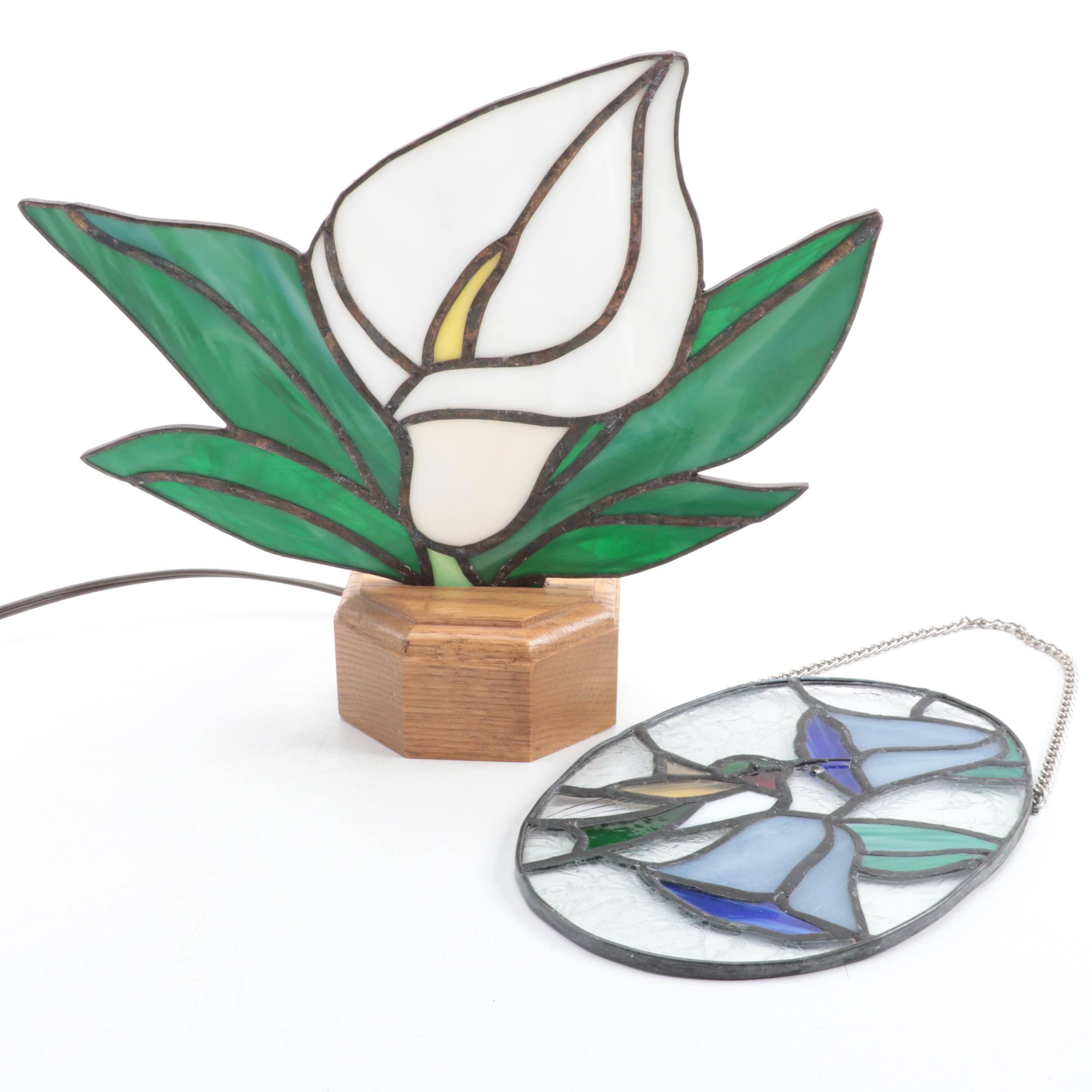 Slag Glass Calla Lily Lamp With Oak Base and Blue Flowers Sun Catcher