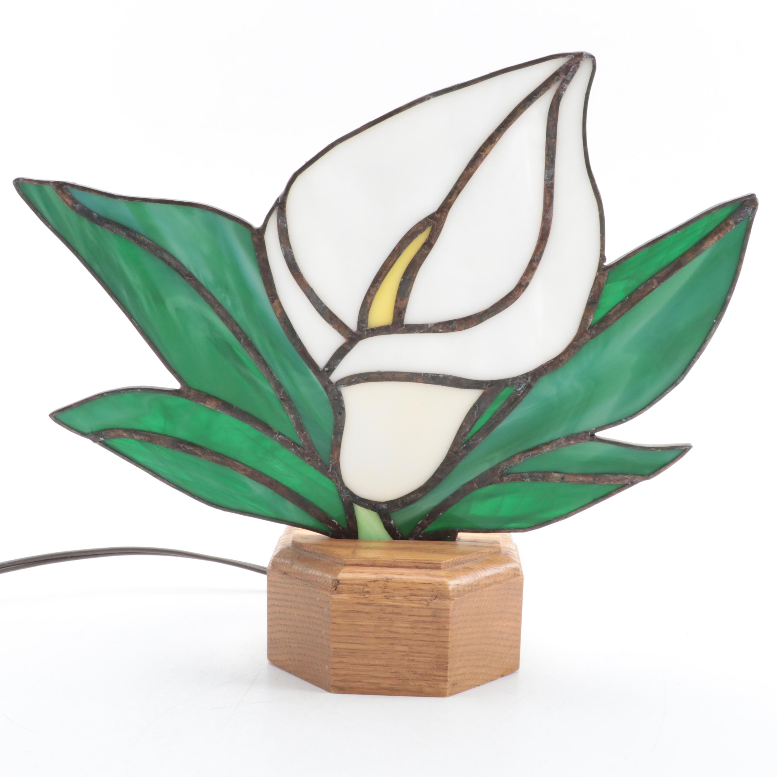 Slag Glass Calla Lily Lamp With Oak Base and Blue Flowers Sun Catcher